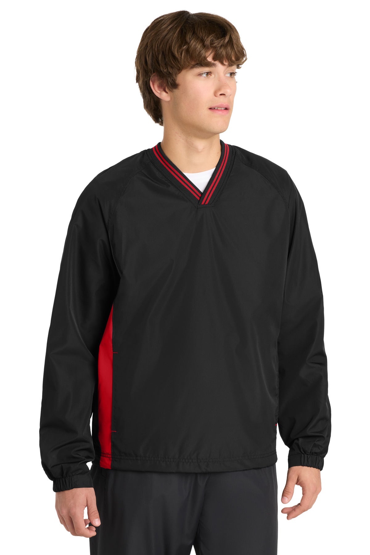 Sport-Tek Tipped V-Neck Raglan Wind Shirt - Black/ True Red