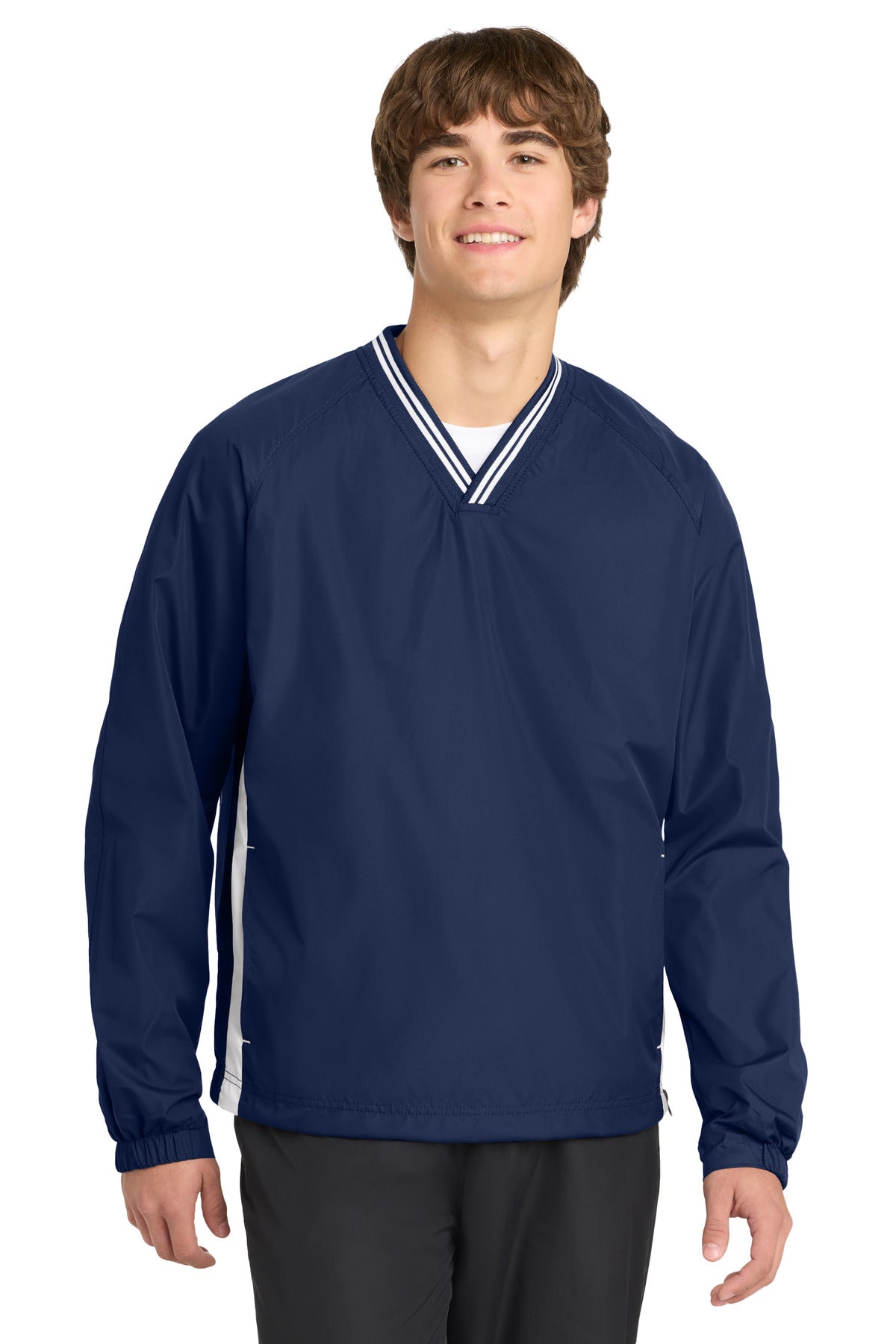 Sport-Tek Tipped V-Neck Raglan Wind Shirt - True Navy/ White