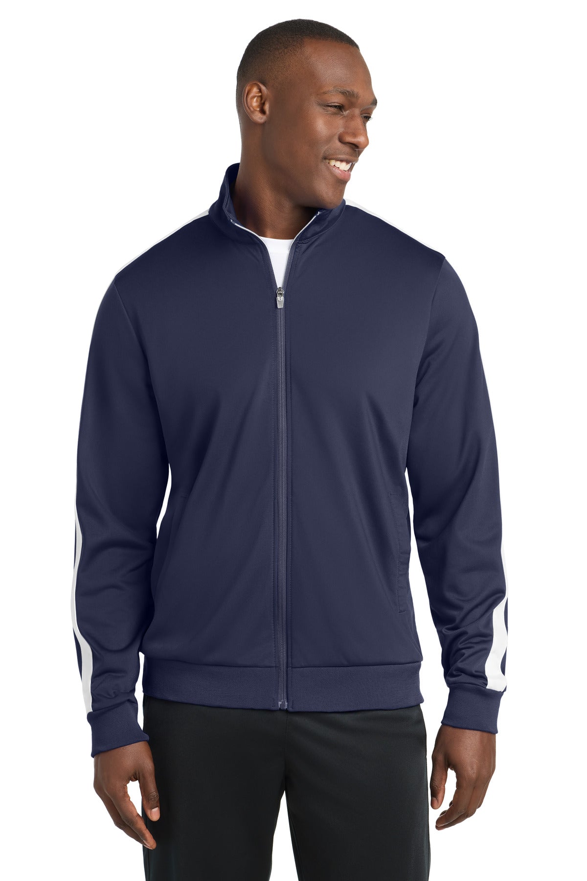 Sport-Tek  Tricot Sleeve Stripe Track Jacket - True Navy/ White