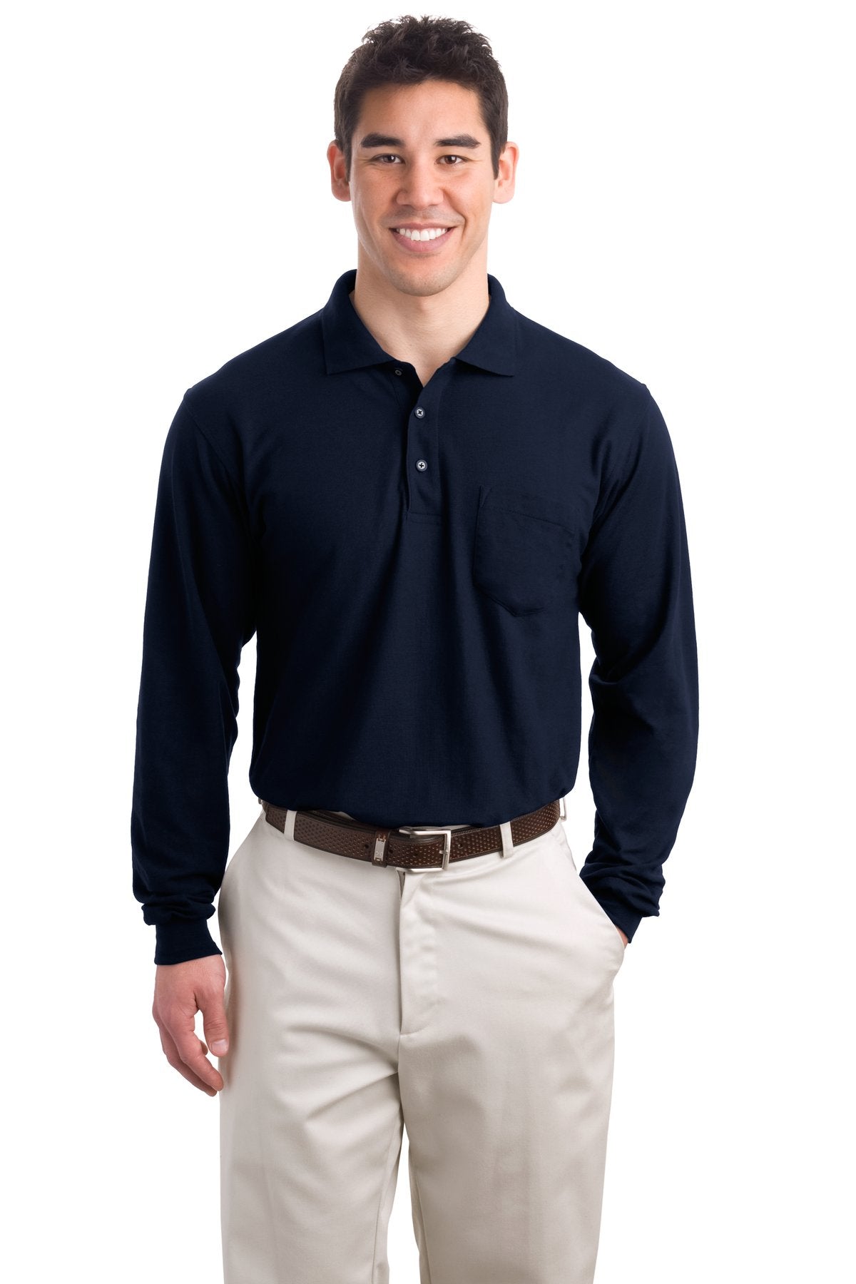 Port Authority Long Sleeve Silk Touch Polo with Pocket - Navy