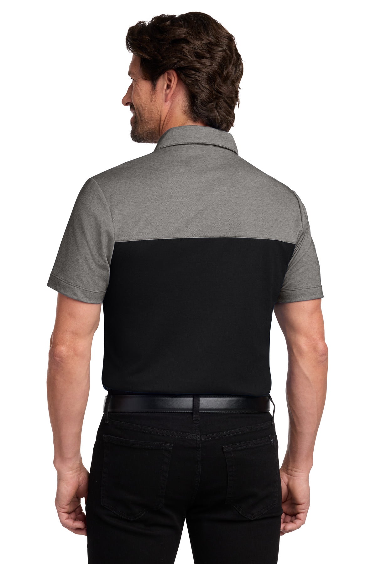 Port Authority Fine Pique Blend Blocked Polo - Deep Black/ Charcoal Heather