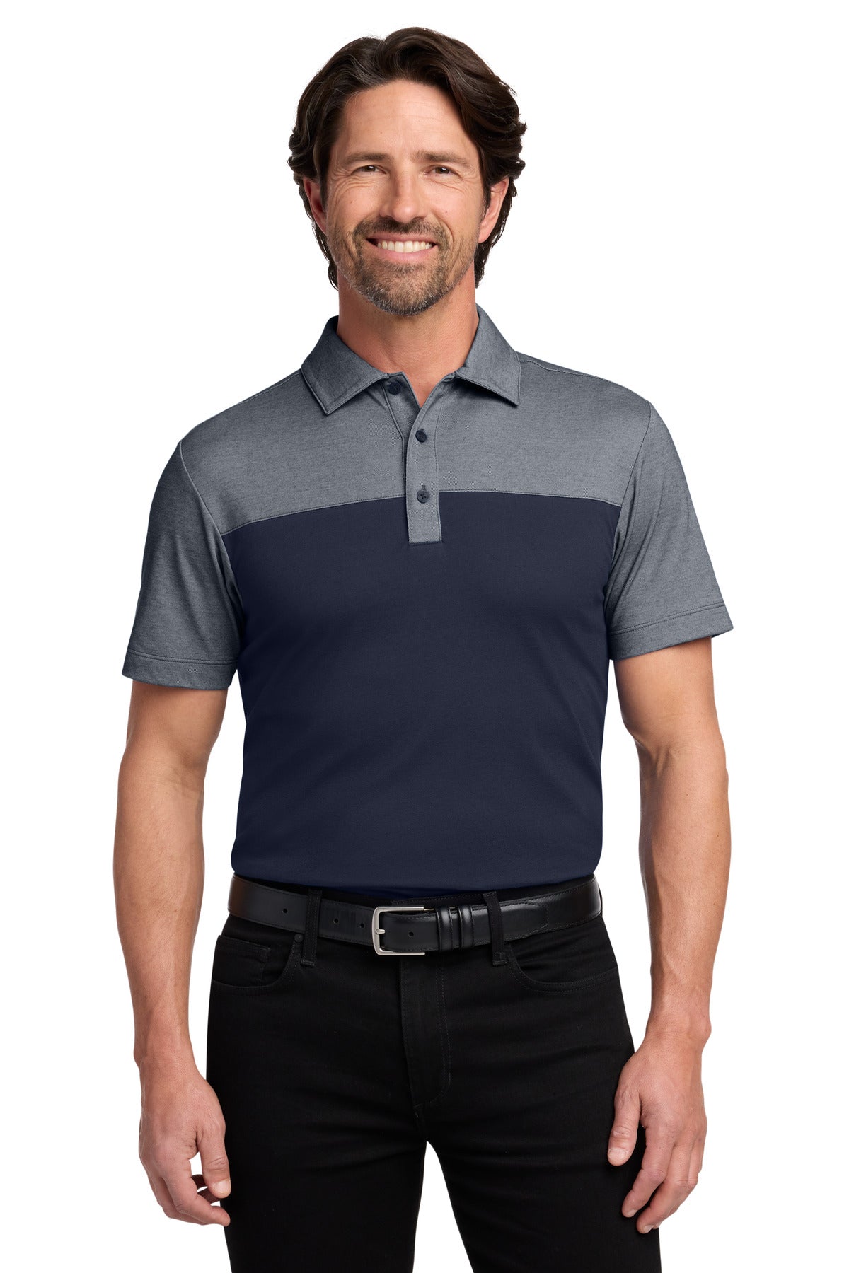 Port Authority Fine Pique Blend Blocked Polo - River Blue Navy/ River Blue Navy Heather