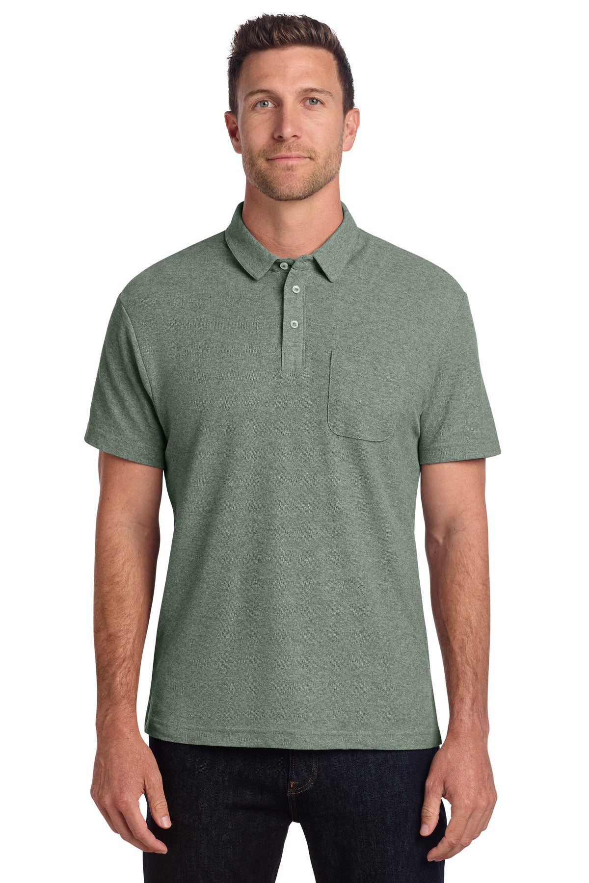 Port Authority C-FREE Cotton Blend Pique Pocket Polo - Dark Green Heather
