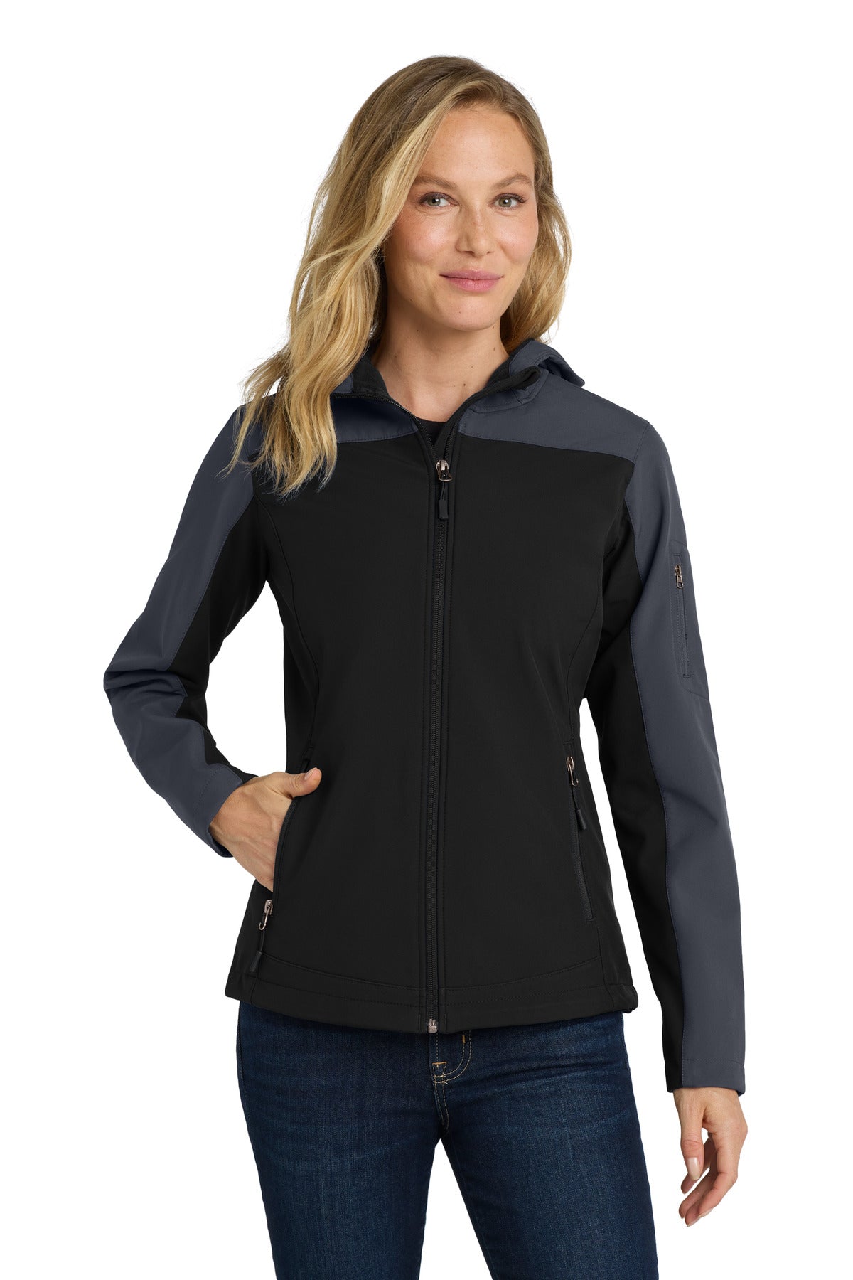 Port Authority Women's Hooded Core Soft Shell Jacket - Black/ Battleship Grey