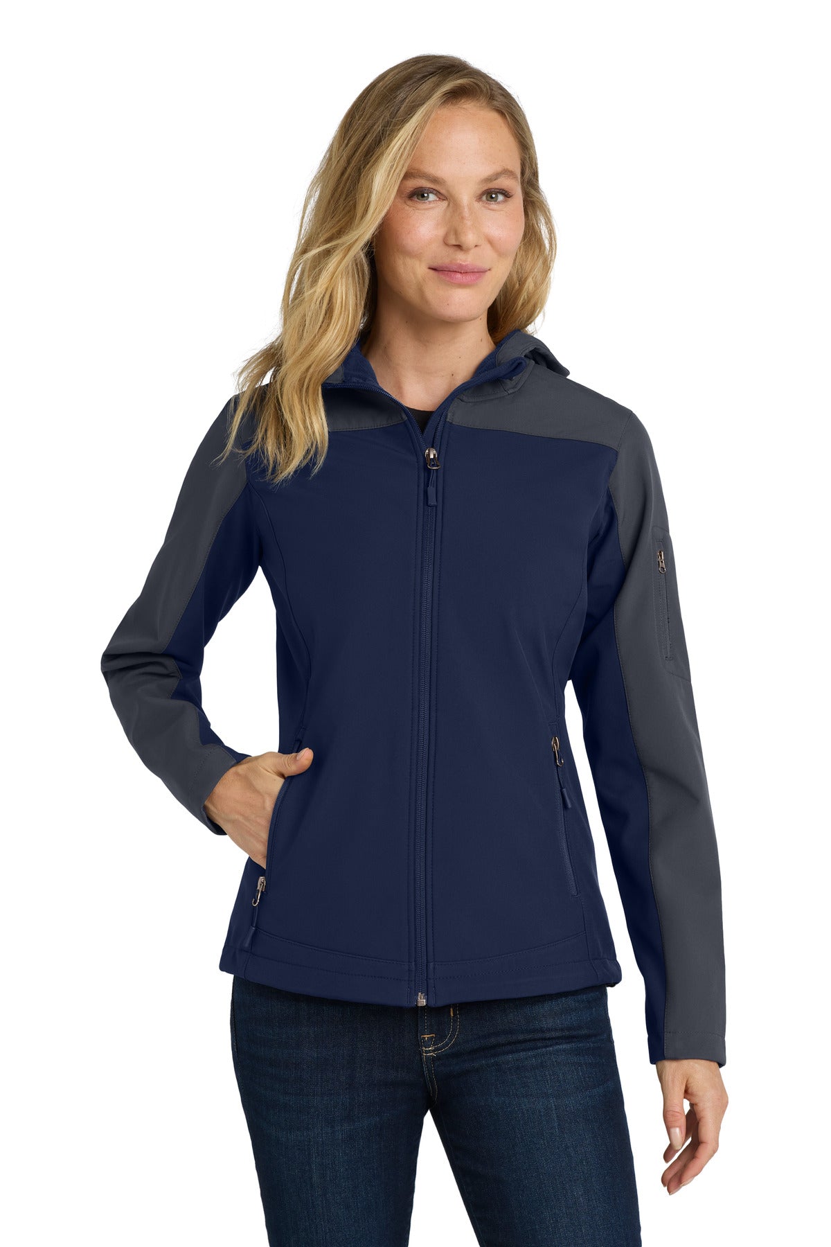 Port Authority Women's Hooded Core Soft Shell Jacket - Dress Blue Navy/ Battleship Grey