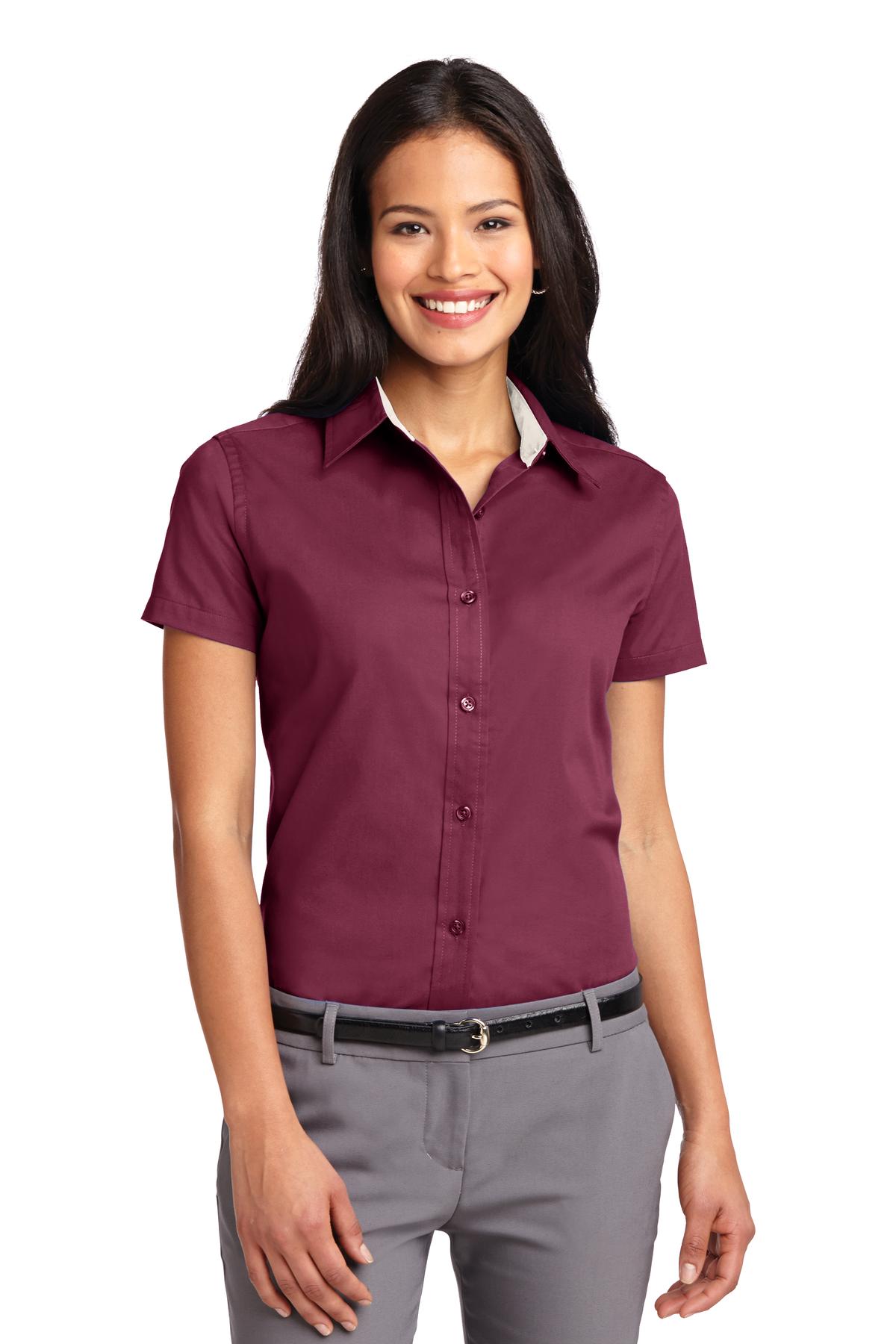 Port Authority Women's Short Sleeve Easy Care  Shirt - Burgundy/ Light Stone