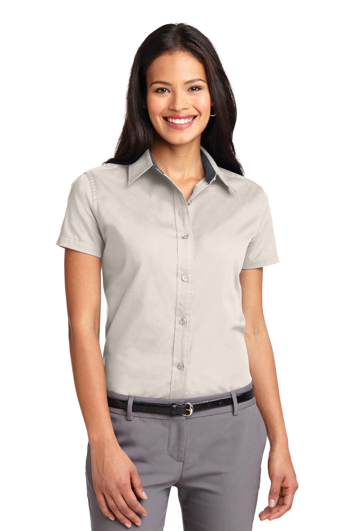 Port Authority Women's Short Sleeve Easy Care  Shirt - Light Stone/ Classic Navy
