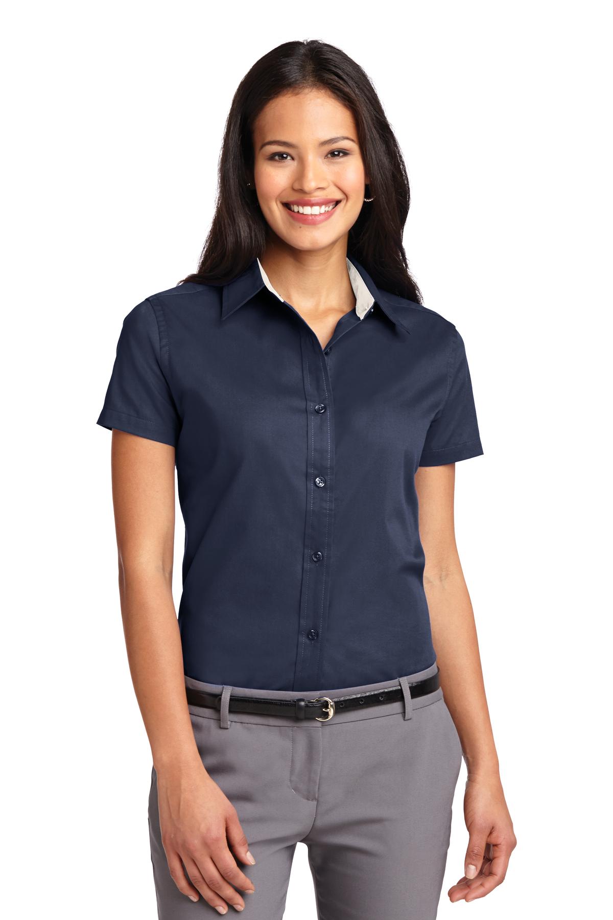 Port Authority Women's Short Sleeve Easy Care  Shirt - Navy/ Light Stone