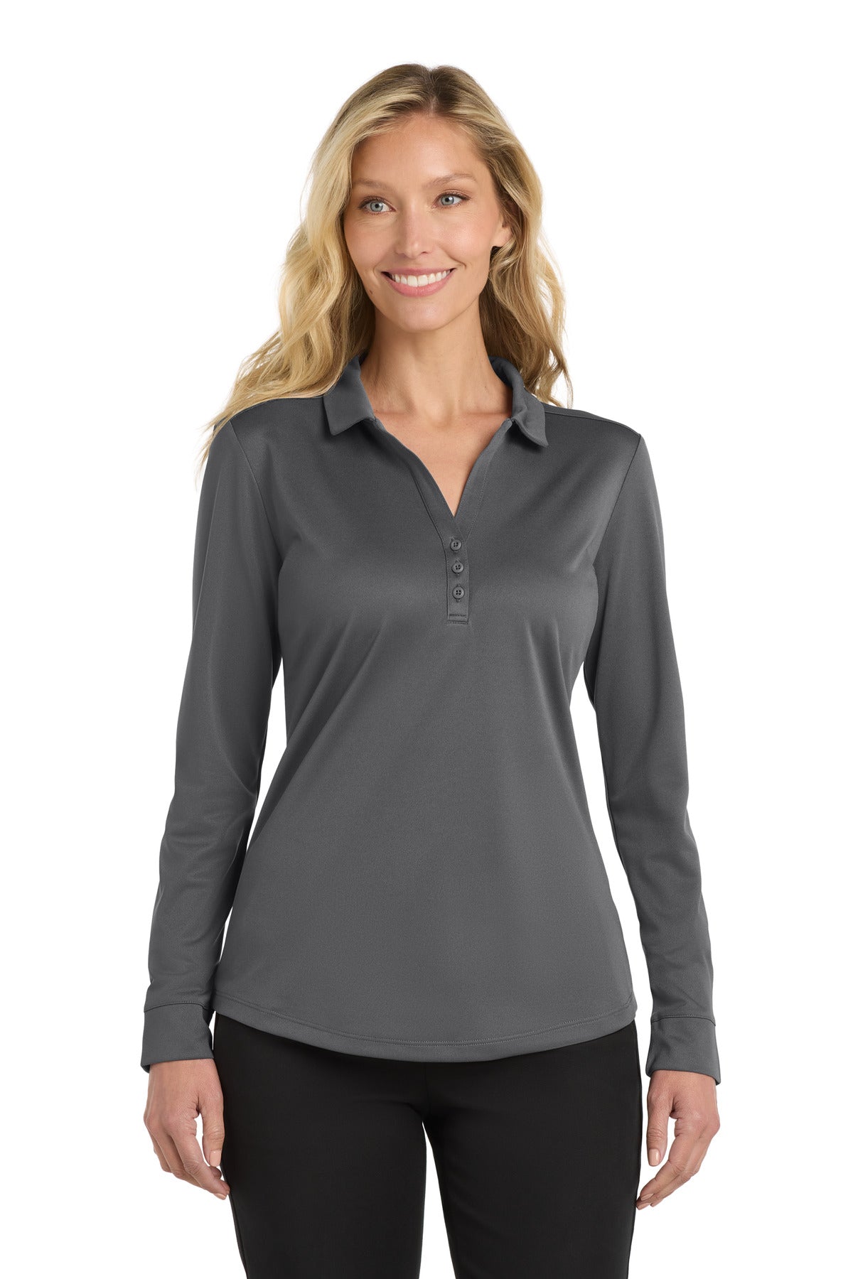 Port Authority  Women's Silk Touch   Performance Long Sleeve Polo - Steel Grey