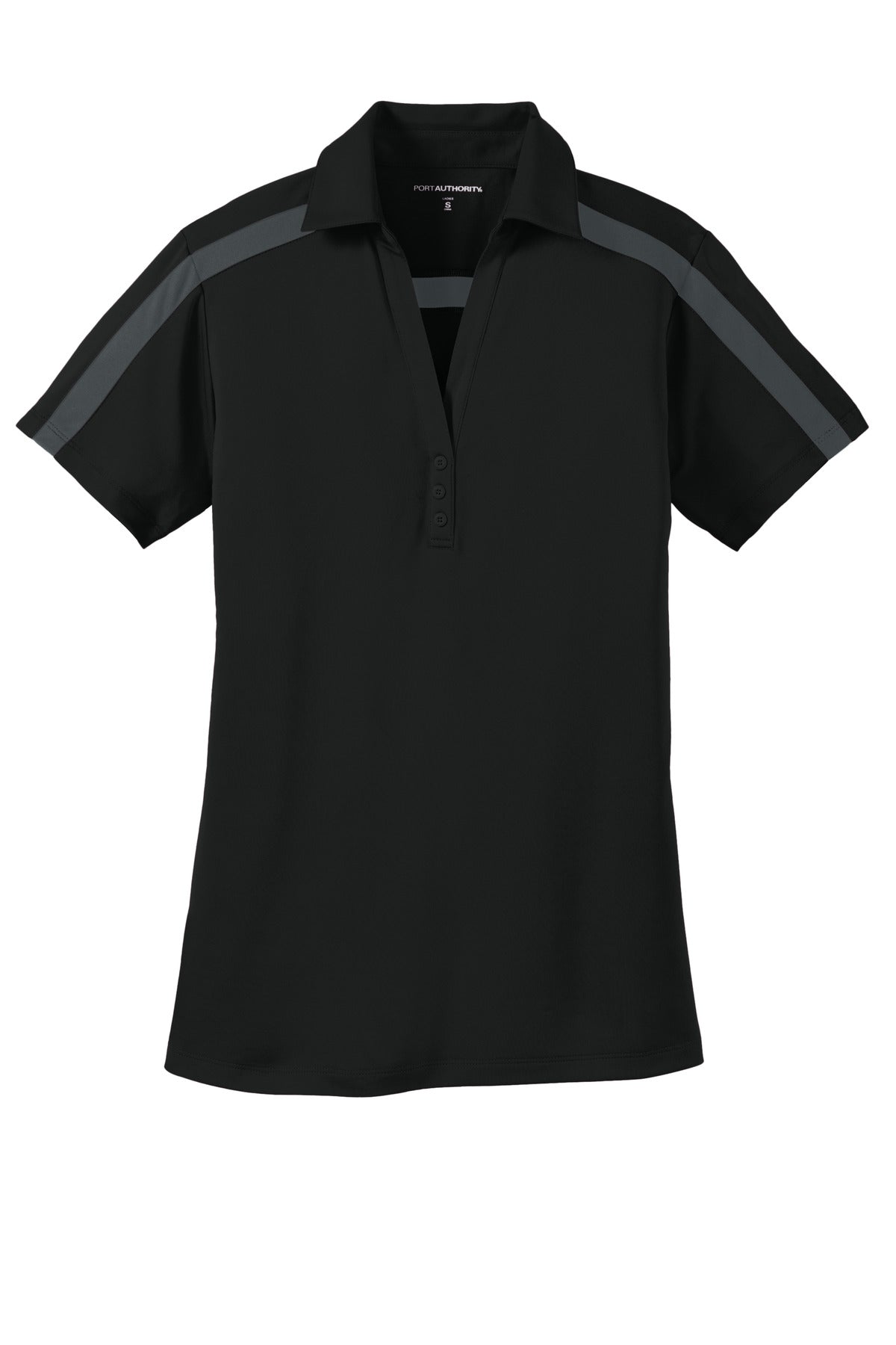 Port Authority Women's Silk Touch Performance Colorblock Stripe Polo - Black/ Steel Grey