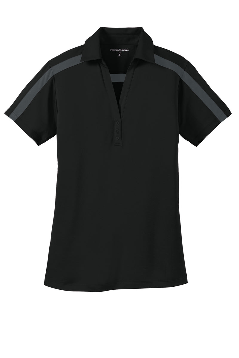 Port Authority Women's Silk Touch Performance Colorblock Stripe Polo - Black/ Steel Grey