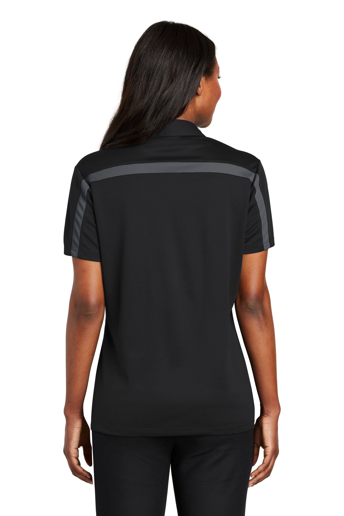 Port Authority Women's Silk Touch Performance Colorblock Stripe Polo - Black/ Steel Grey