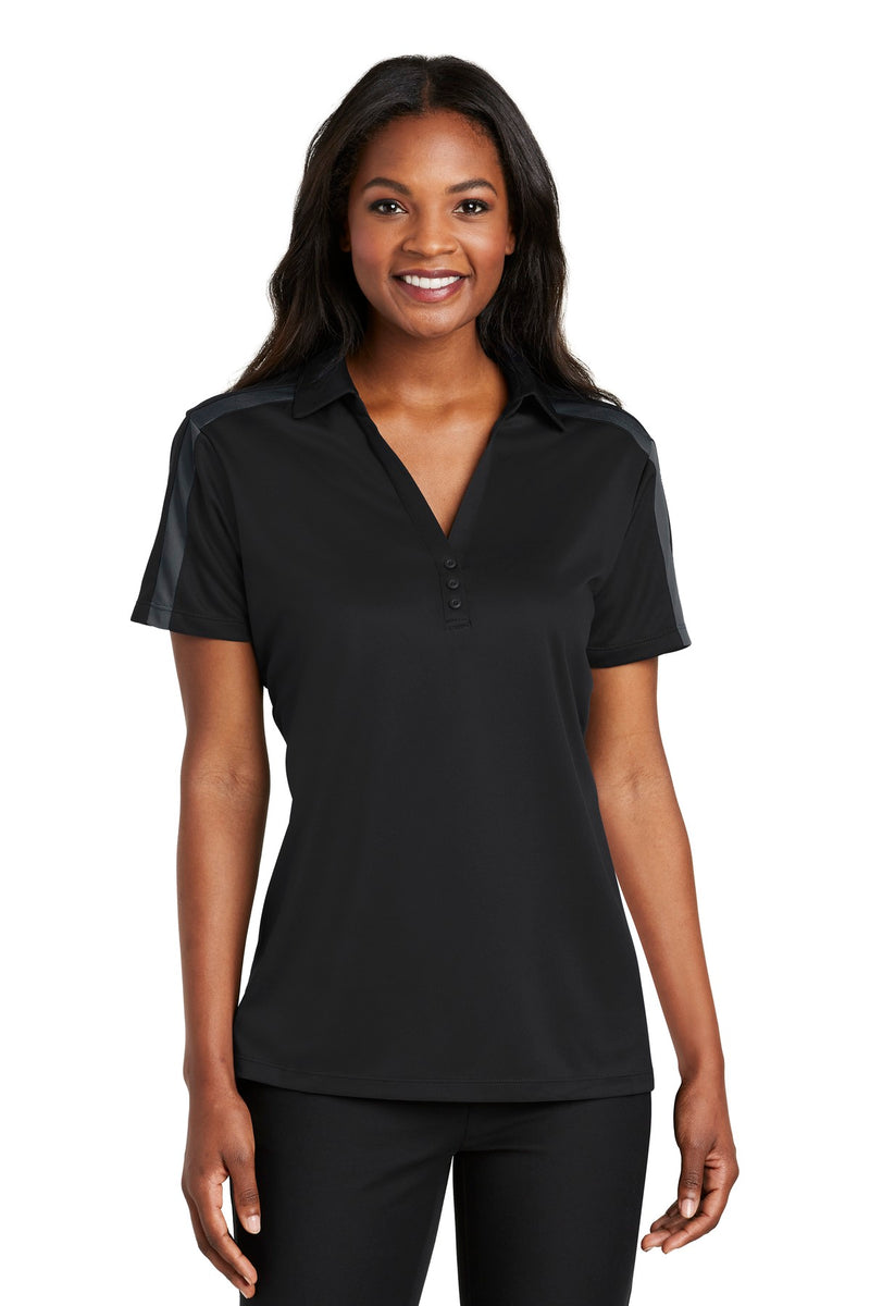 Port Authority Women's Silk Touch Performance Colorblock Stripe Polo - Black/ Steel Grey
