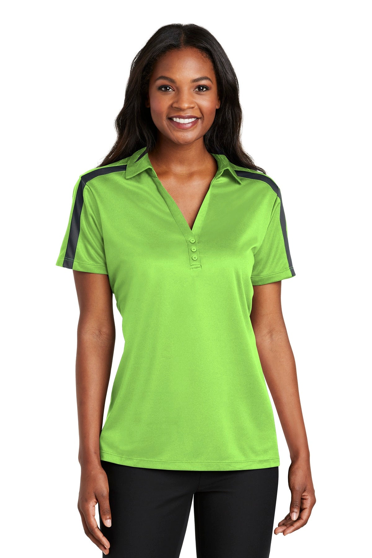 Port Authority Women's Silk Touch Performance Colorblock Stripe Polo - Lime/ Steel Grey