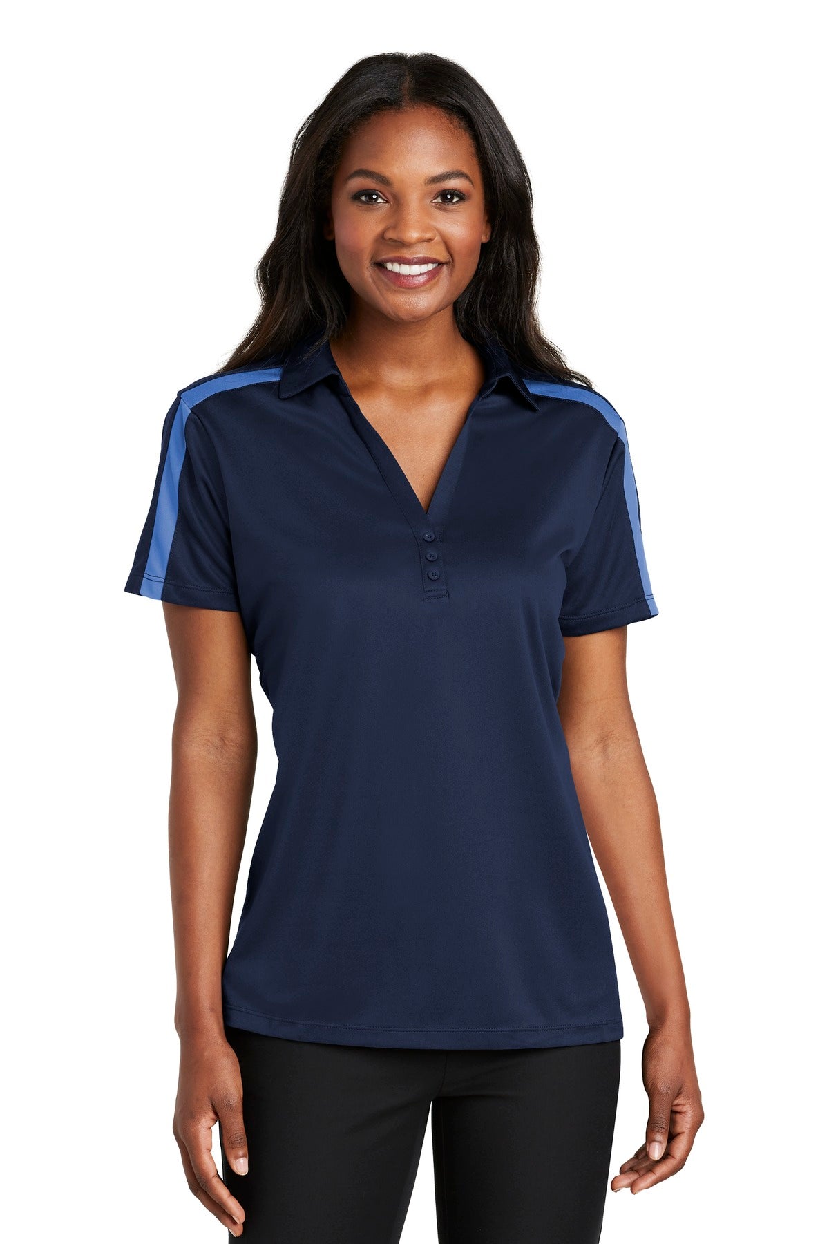 Port Authority Women's Silk Touch Performance Colorblock Stripe Polo - Navy/ Carolina Blue