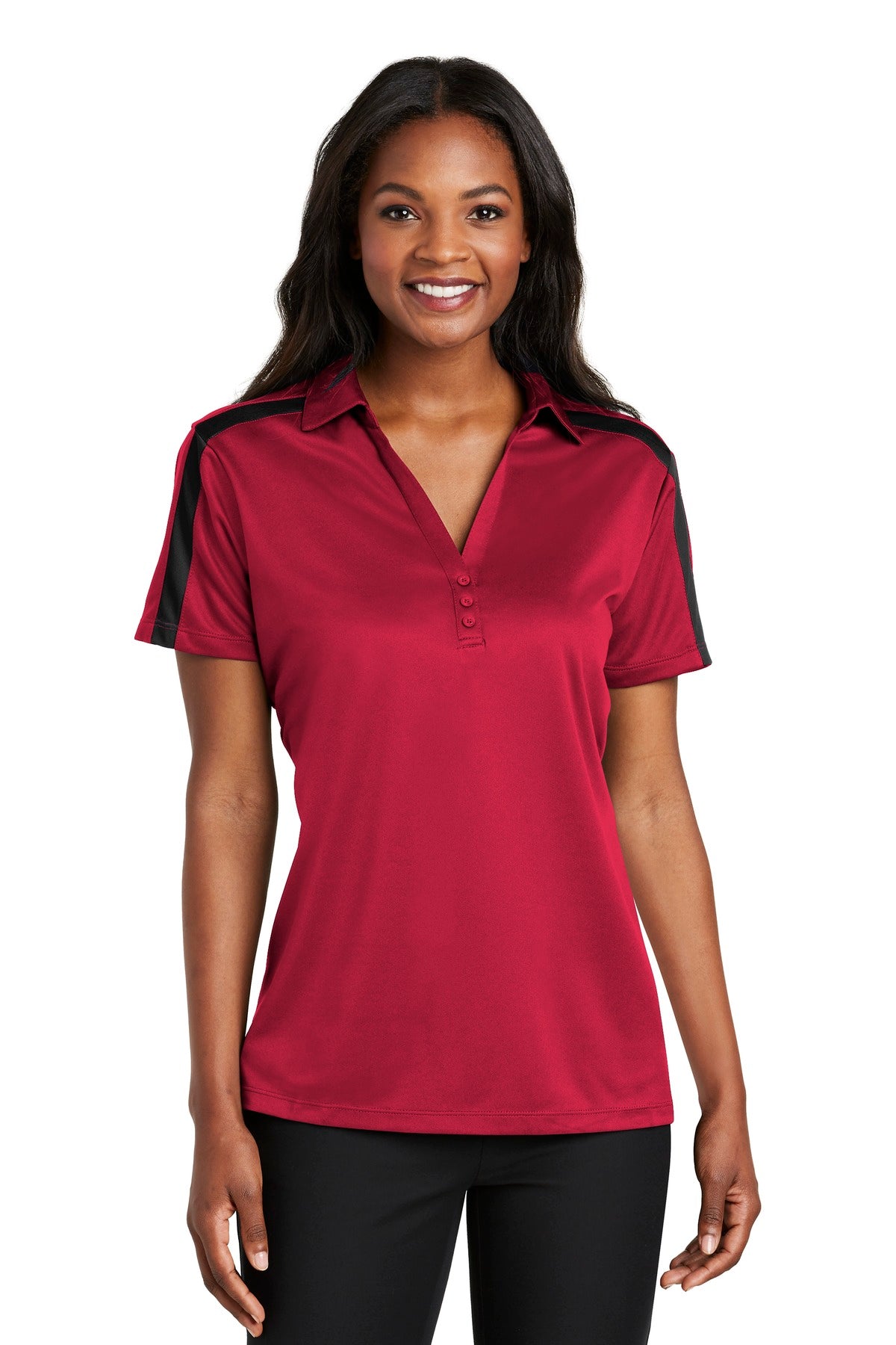 Port Authority Women's Silk Touch Performance Colorblock Stripe Polo - Red/ Black