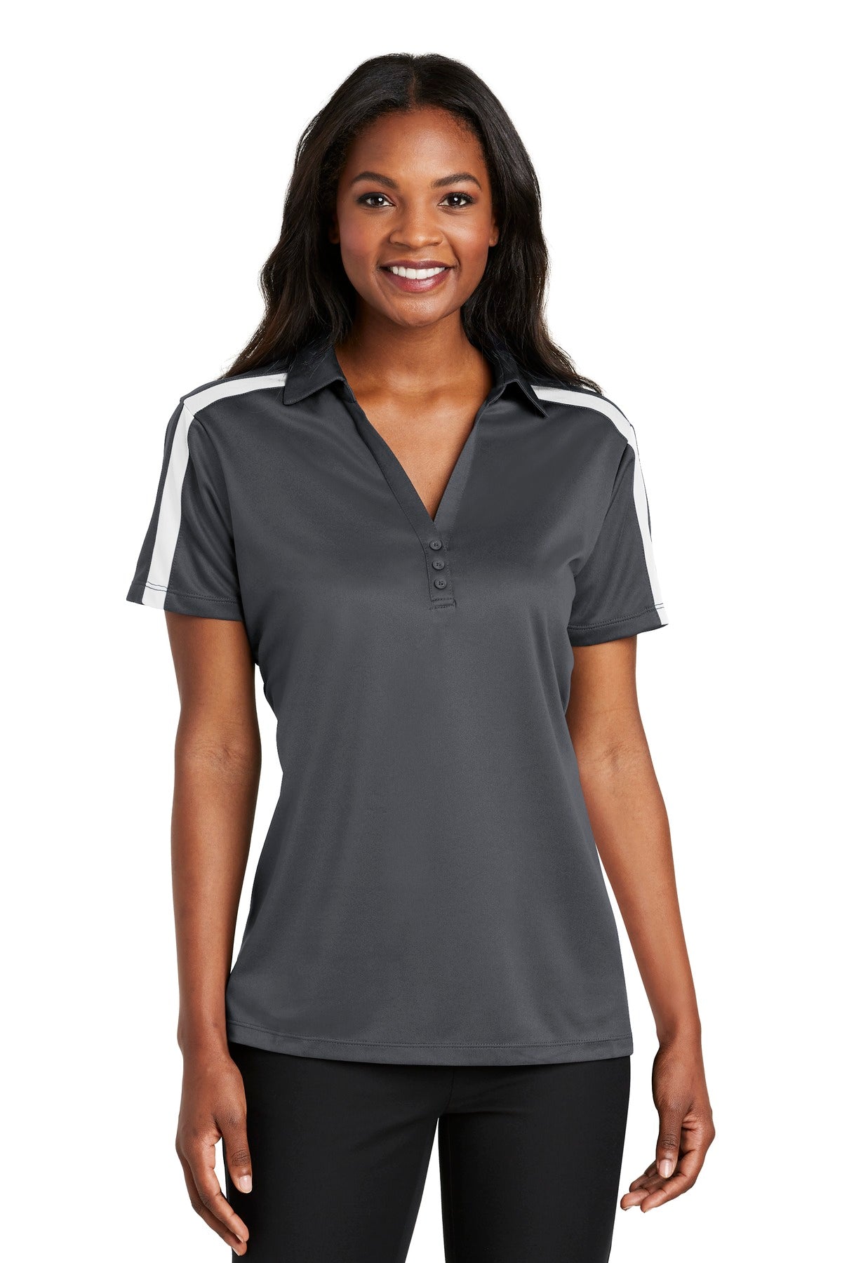 Port Authority Women's Silk Touch Performance Colorblock Stripe Polo - Steel Grey/ White