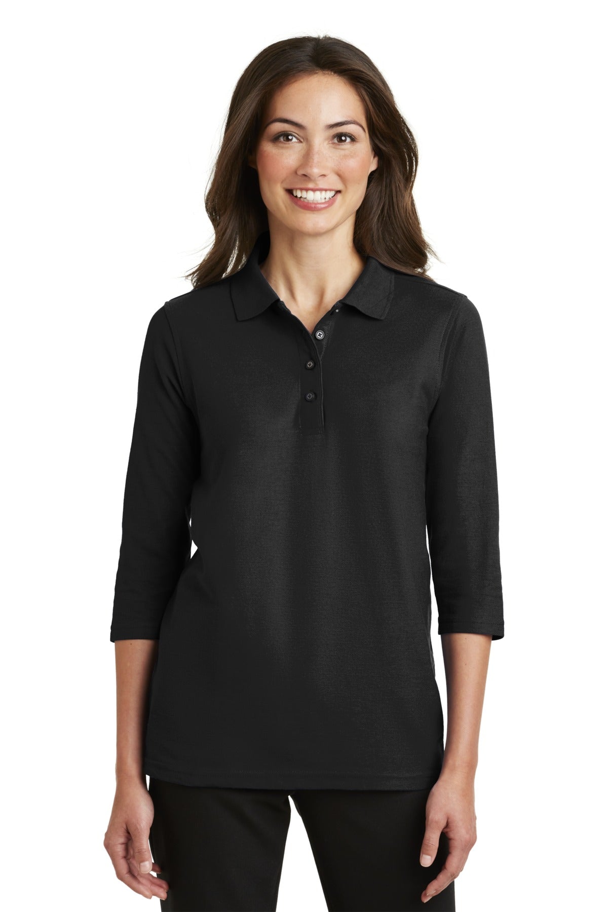 Port Authority Women's Silk Touch 3/4-Sleeve Polo - Black