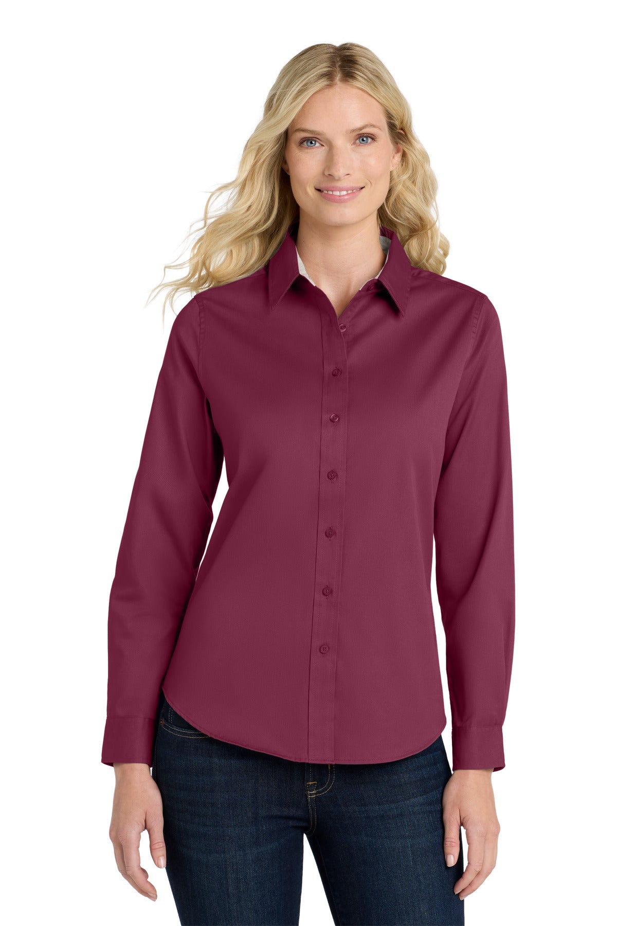 Port Authority Women's Long Sleeve Easy Care Shirt - Burgundy/ Light Stone