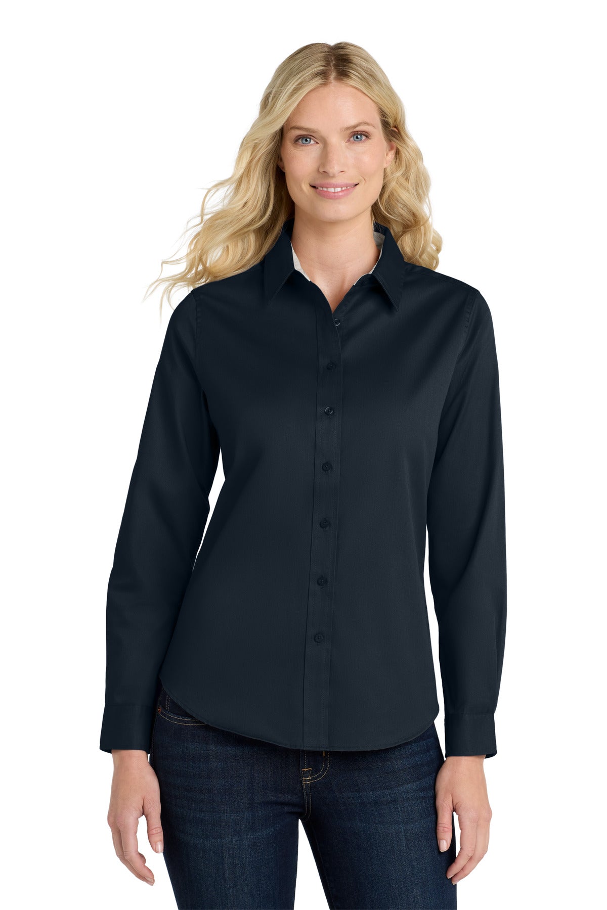 Port Authority Women's Long Sleeve Easy Care Shirt - Classic Navy/ Light Stone