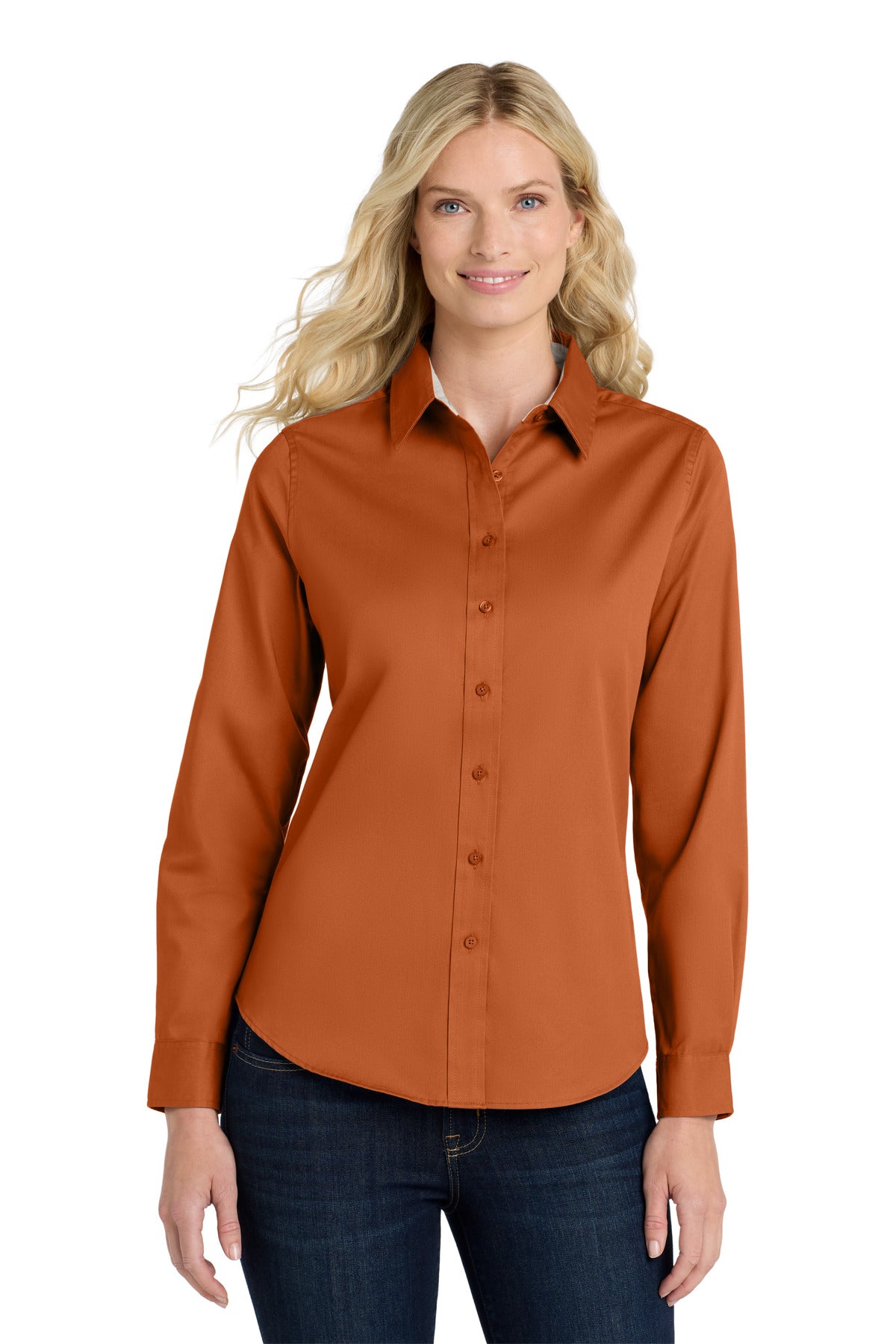 Port Authority Women's Long Sleeve Easy Care Shirt - Texas Orange/ Light Stone
