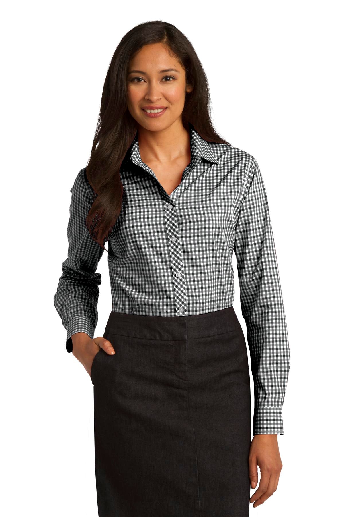 Port Authority Ladies Long Sleeve Gingham Easy Care Shirt - Black/ Charcoal