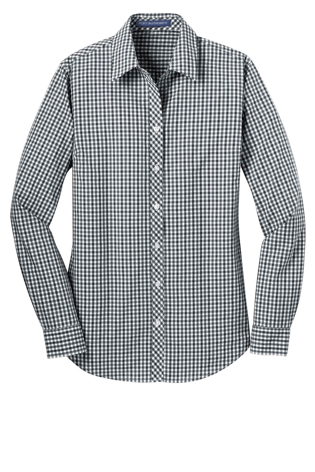 Port Authority Ladies Long Sleeve Gingham Easy Care Shirt - Black/ Charcoal