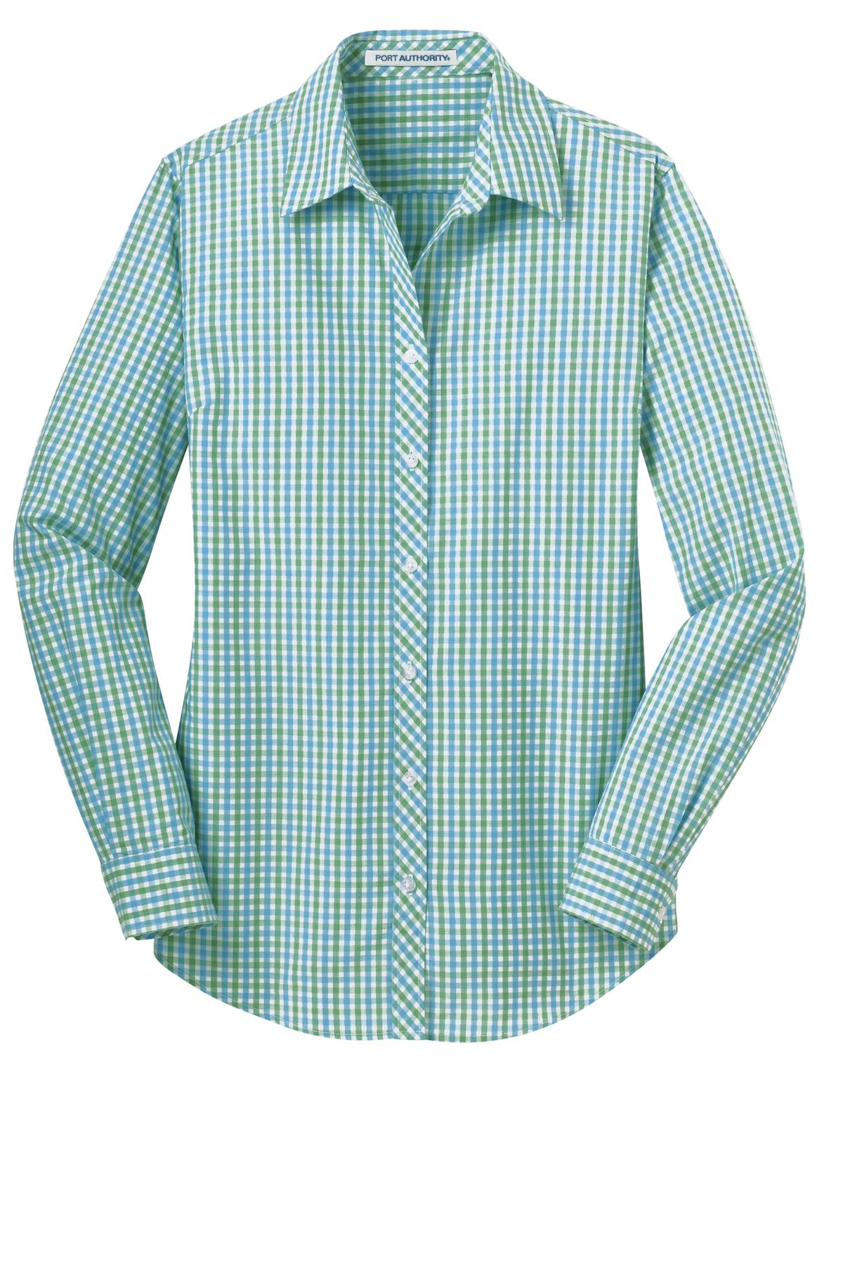 Port Authority Ladies Long Sleeve Gingham Easy Care Shirt - Green/ Aqua