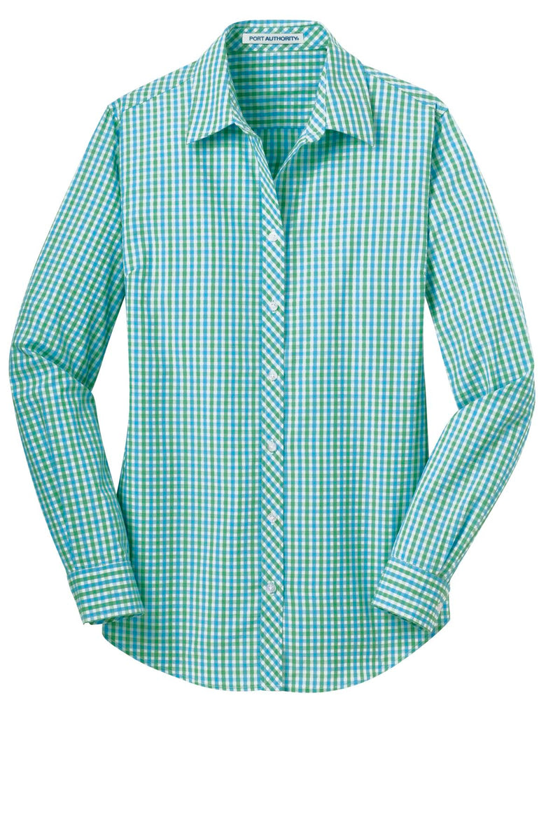 Port Authority Ladies Long Sleeve Gingham Easy Care Shirt - Green/ Aqua
