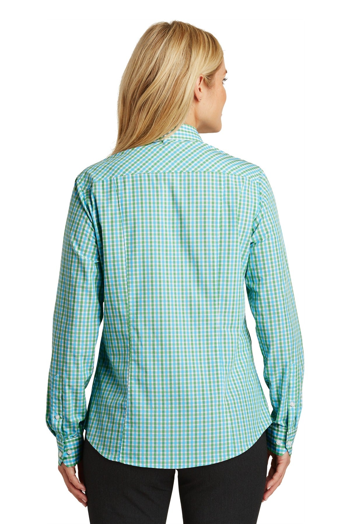 Port Authority Ladies Long Sleeve Gingham Easy Care Shirt - Green/ Aqua