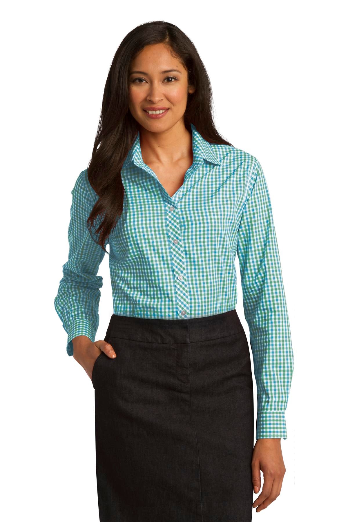 Port Authority Ladies Long Sleeve Gingham Easy Care Shirt - Green/ Aqua