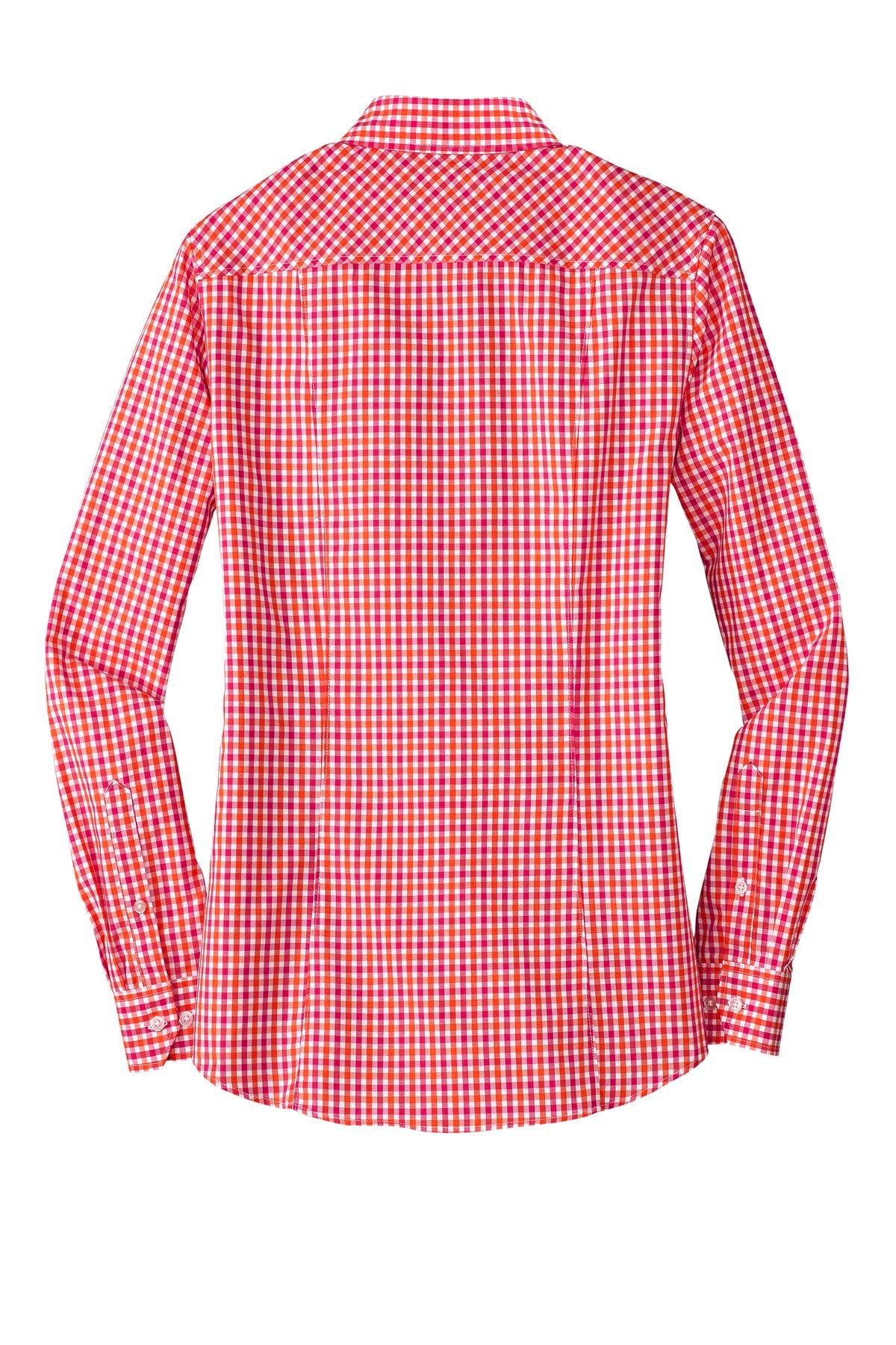 Port Authority Ladies Long Sleeve Gingham Easy Care Shirt - Tangerine/ Pink