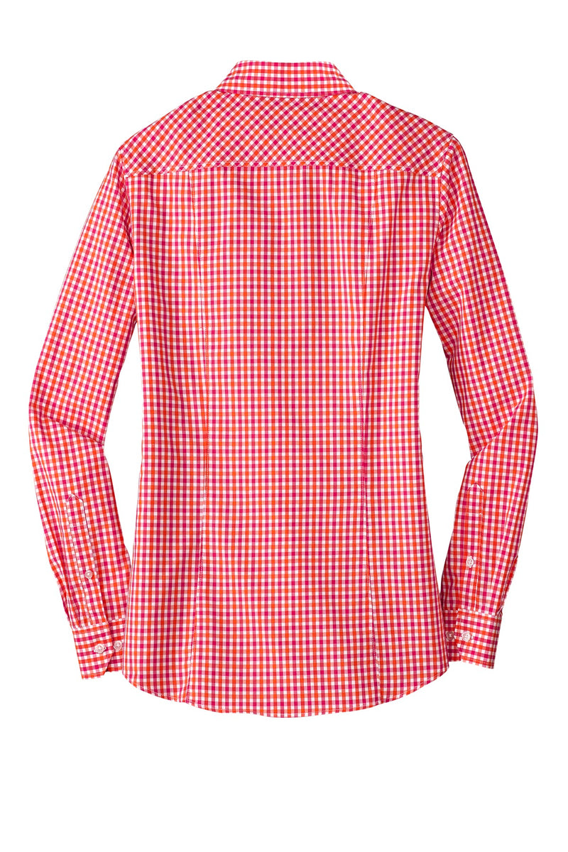 Port Authority Ladies Long Sleeve Gingham Easy Care Shirt - Tangerine/ Pink