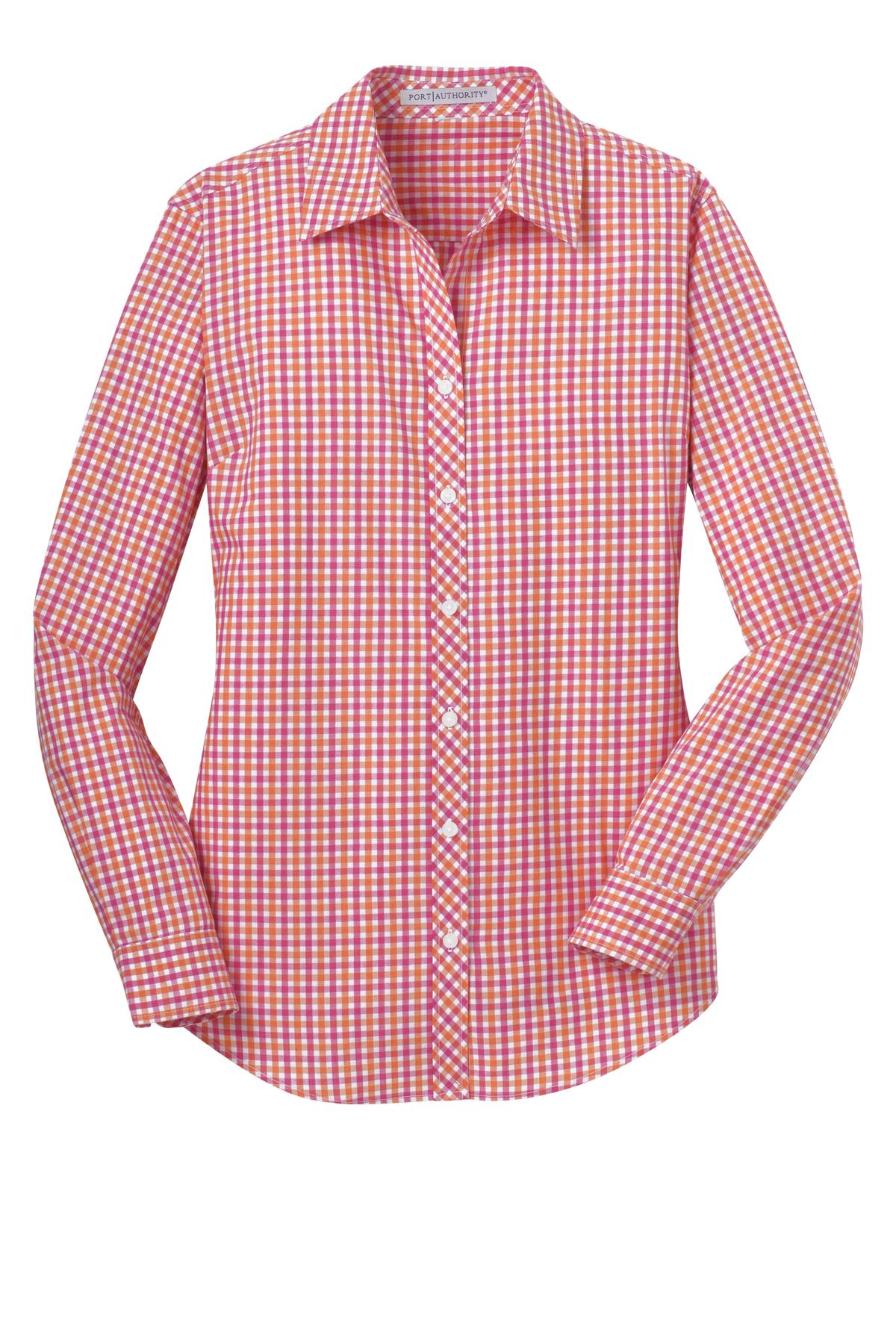 Port Authority Ladies Long Sleeve Gingham Easy Care Shirt - Tangerine/ Pink