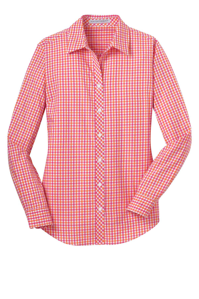 Port Authority Ladies Long Sleeve Gingham Easy Care Shirt - Tangerine/ Pink