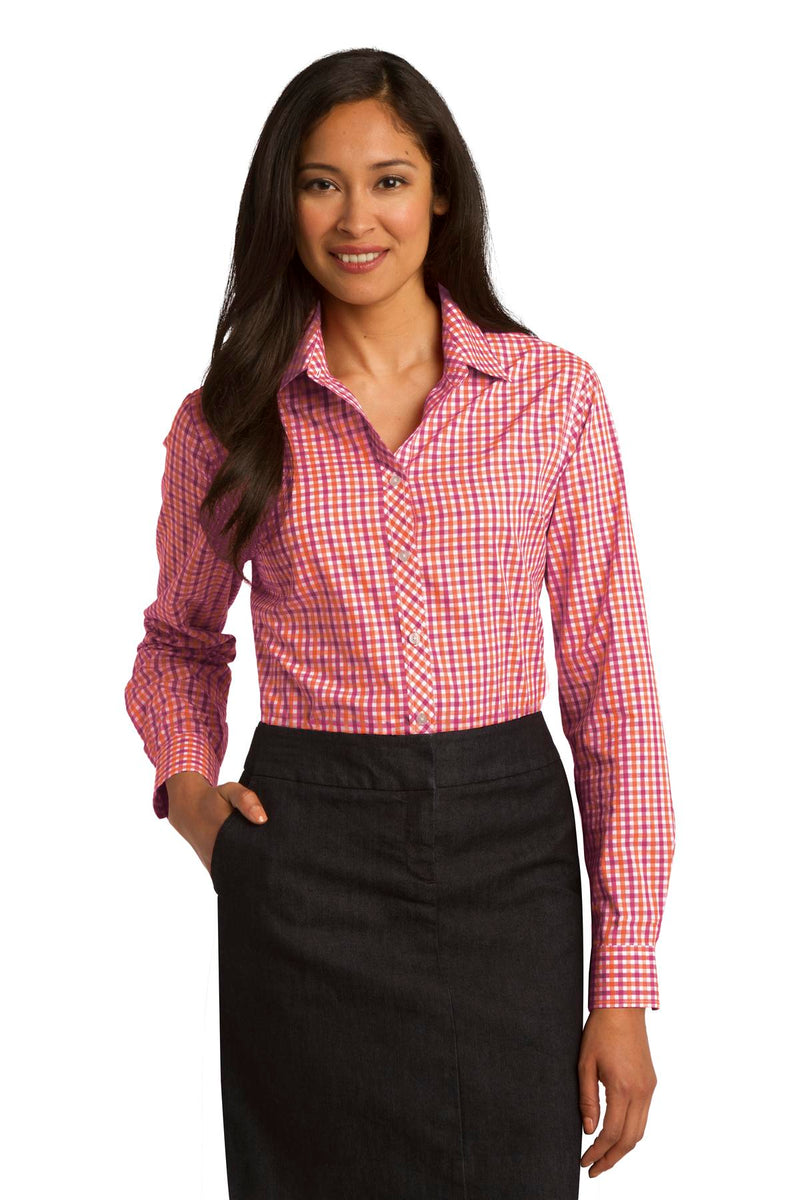 Port Authority Ladies Long Sleeve Gingham Easy Care Shirt - Tangerine/ Pink