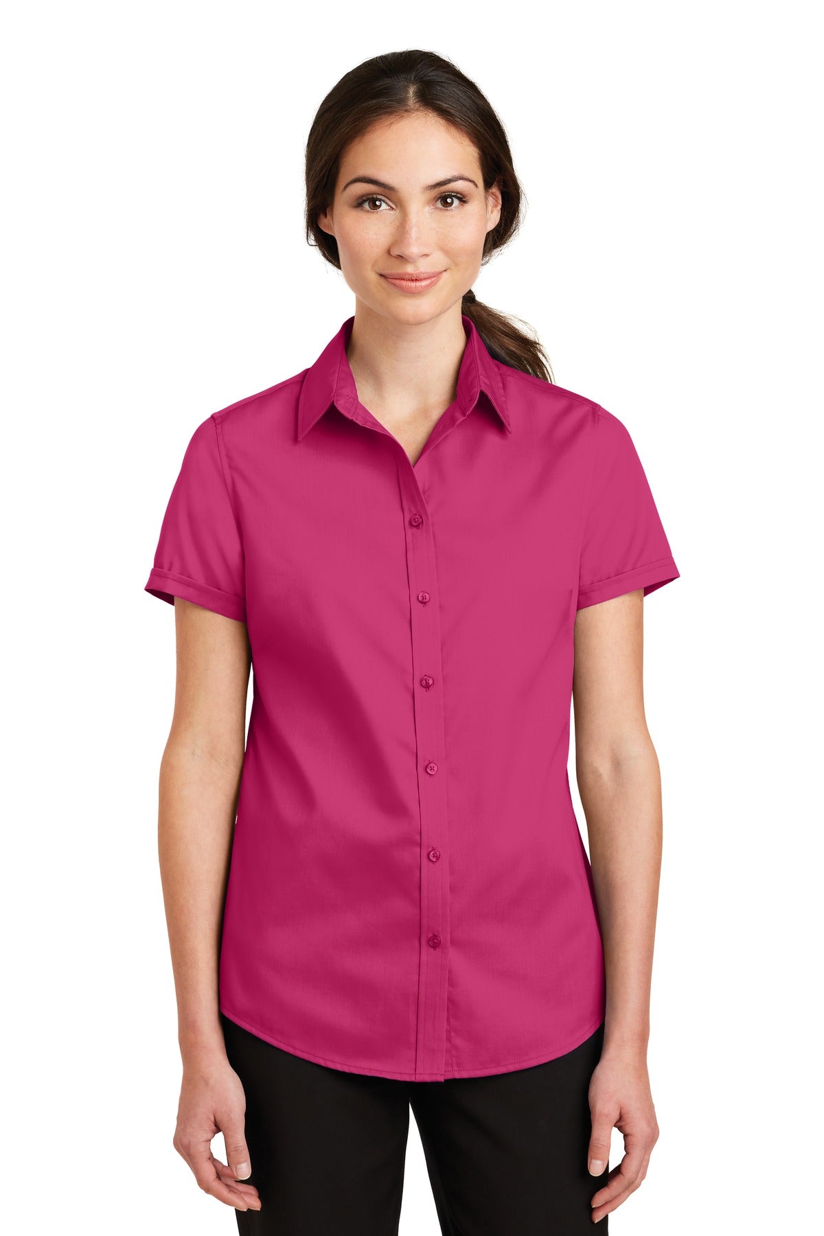 Port Authority Women's Short Sleeve SuperPro Twill Shirt - Pink Azalea