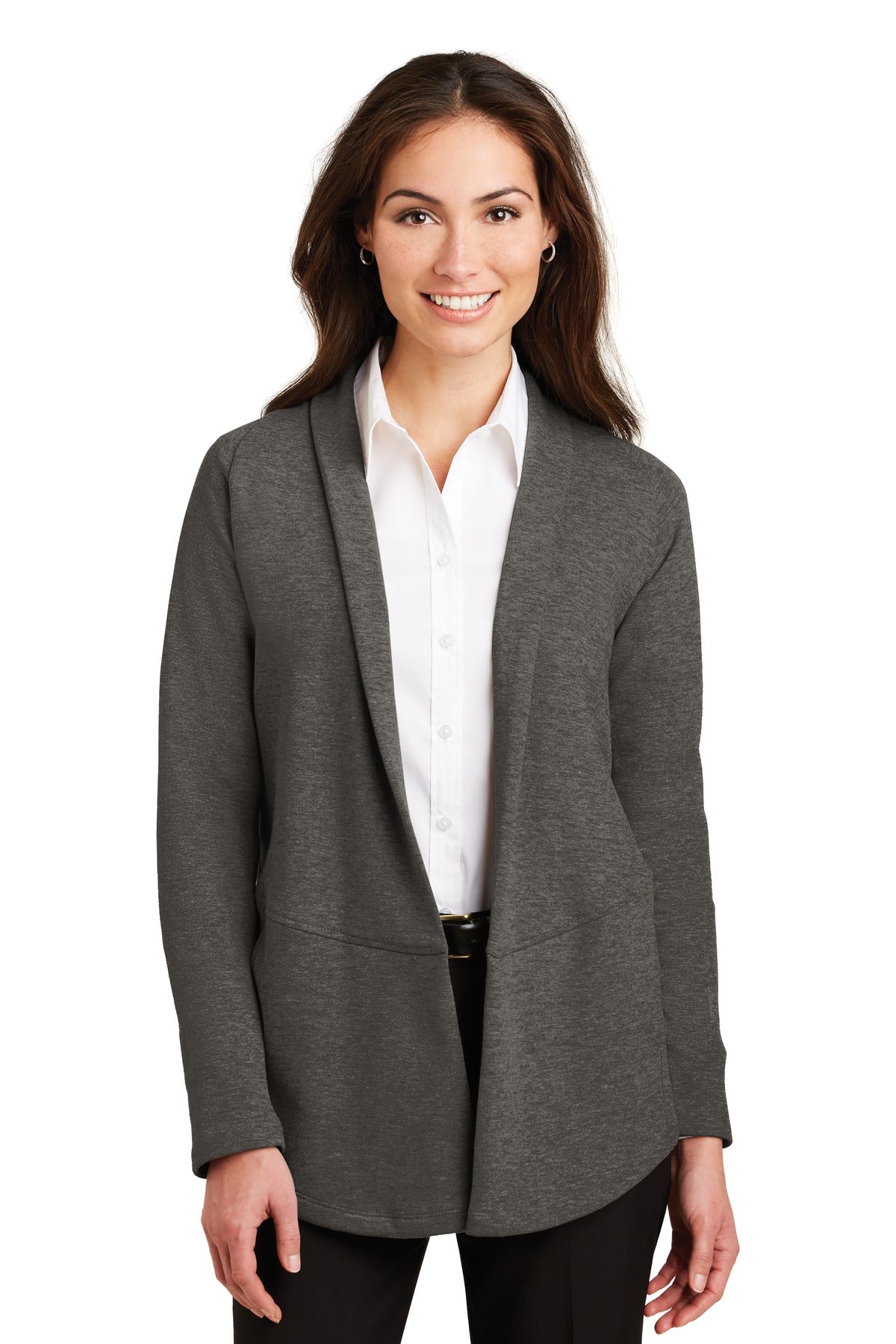 Port Authority Women's Interlock Cardigan - Charcoal Heather/ Medium Heather Grey