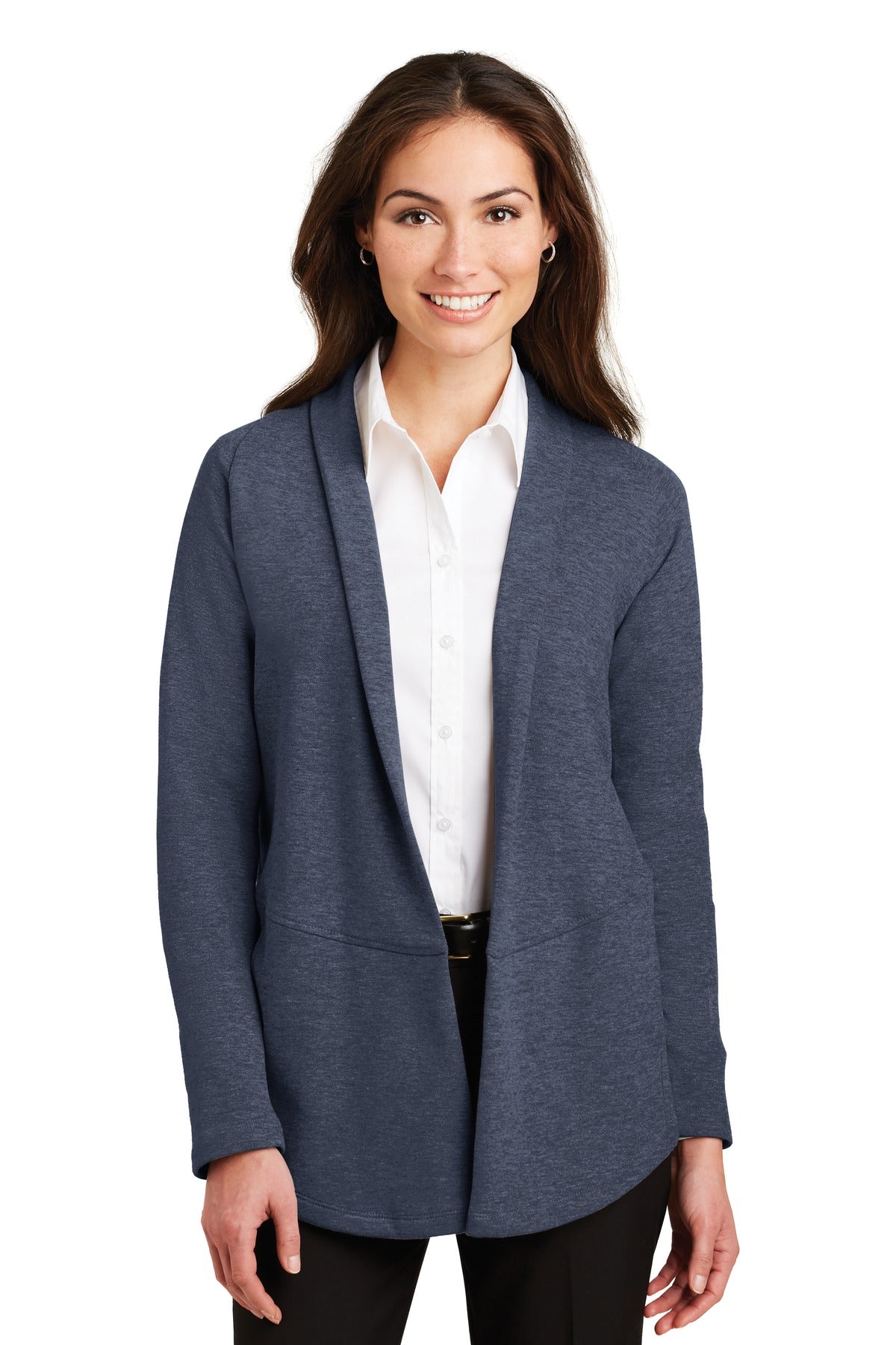Port Authority Women's Interlock Cardigan - Estate Blue Heather/ Charcoal Heather