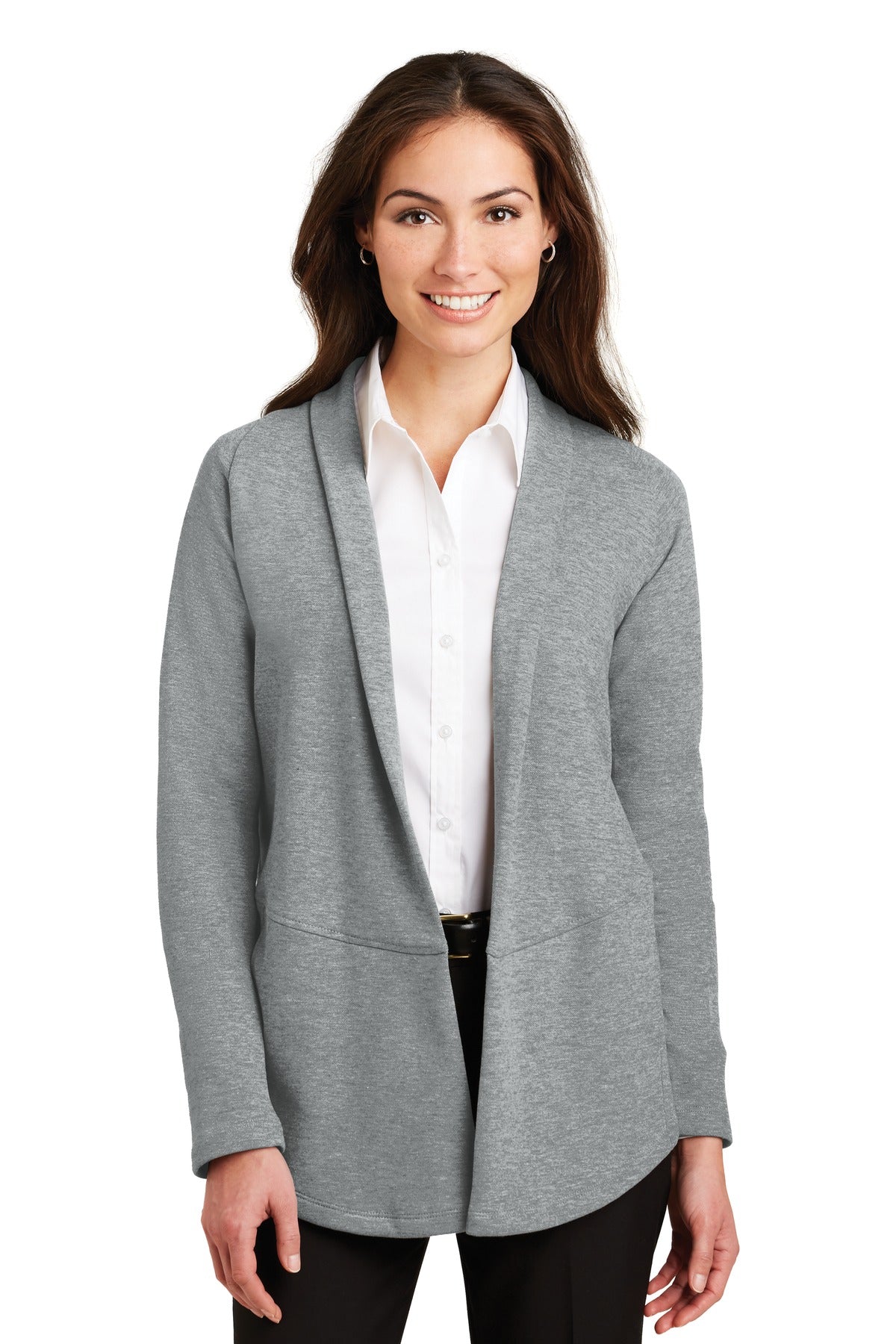 Port Authority Women's Interlock Cardigan - Medium Heather Grey/ Charcoal Heather