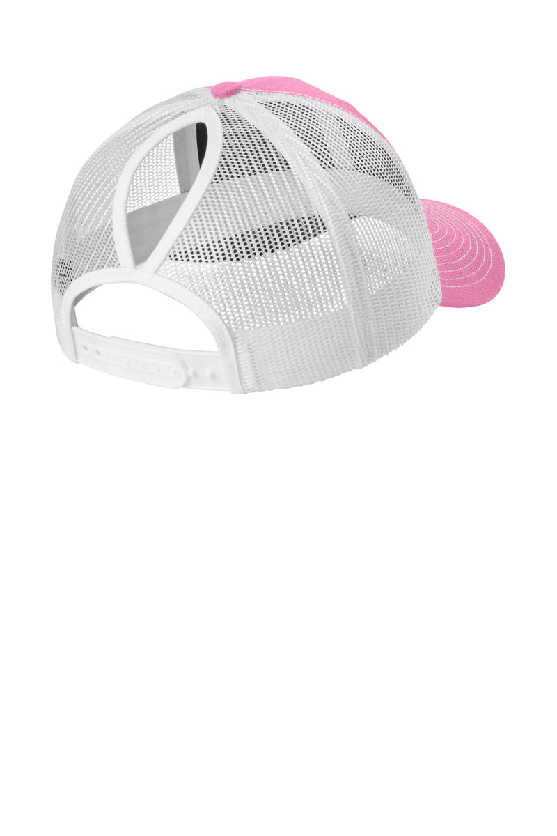 Port Authority Snapback Ponytail Trucker Cap - True Pink/ White