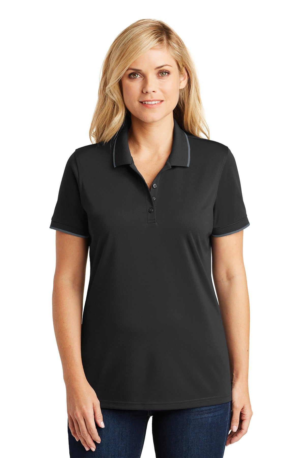 Port Authority Women's Dry Zone UV Micro-Mesh Tipped Polo - Deep Black/ Graphite