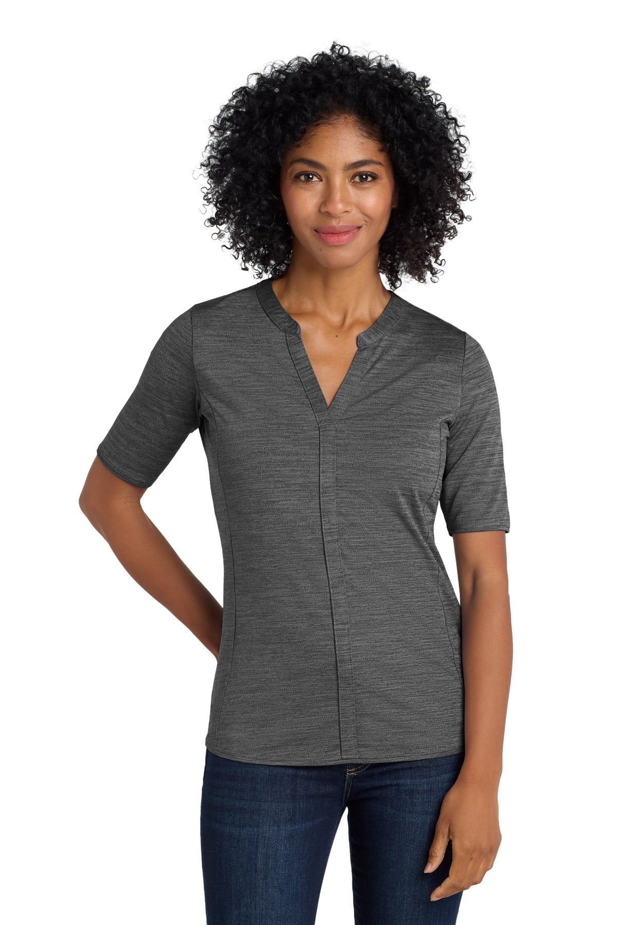 Port Authority  Women's Stretch Heather Open Neck Top - Black/ Thunder Grey