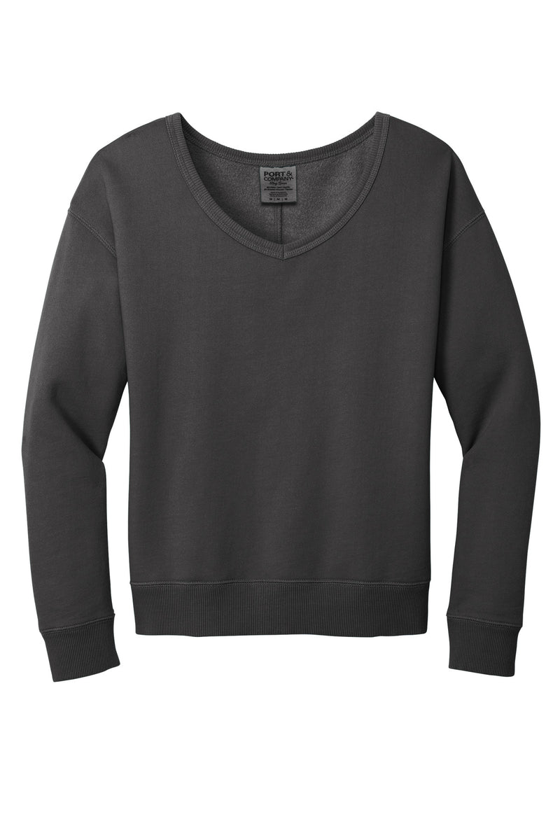 Port & Co Women's Beach Wash Garment-Dyed V-Neck Sweatshirt - Coal