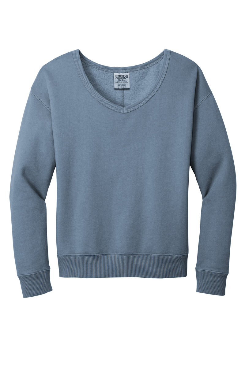 Port & Co Women's Beach Wash Garment-Dyed V-Neck Sweatshirt - Faded Denim