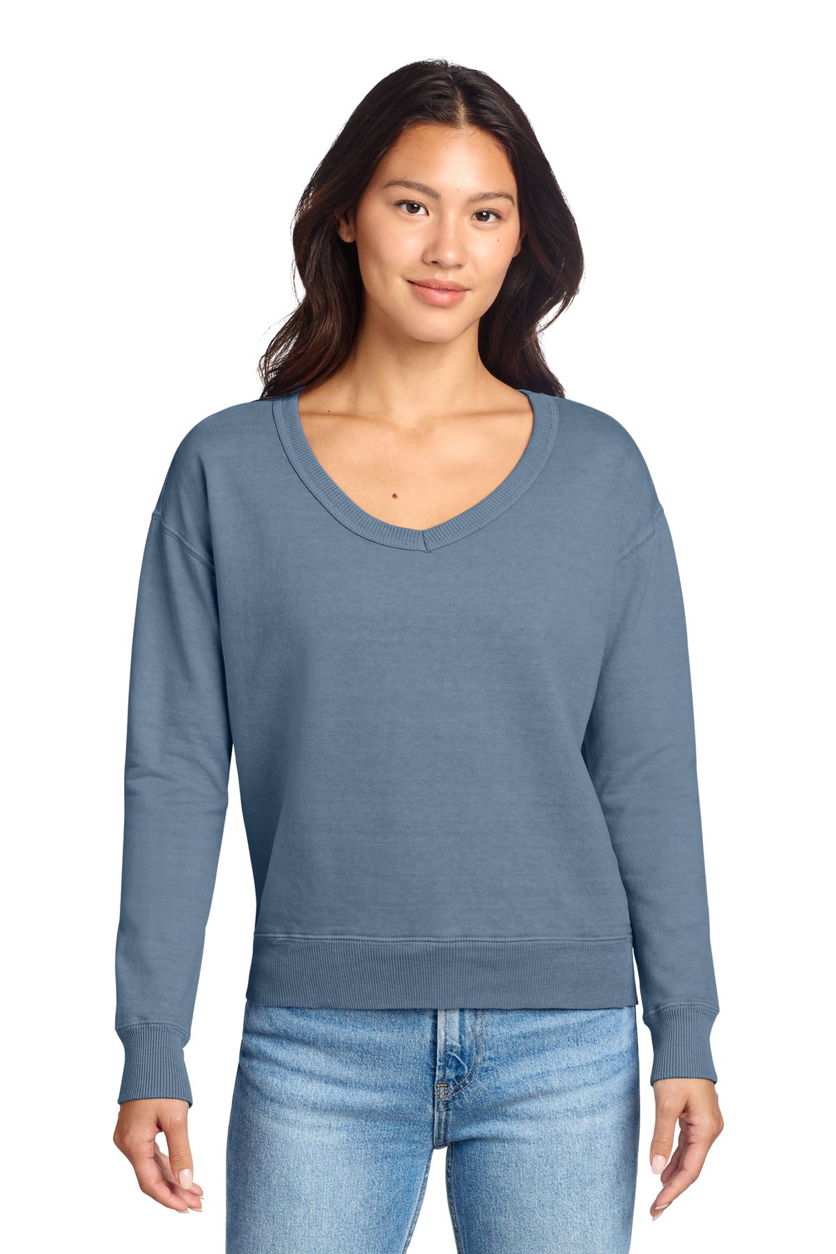 Port & Co Women's Beach Wash Garment-Dyed V-Neck Sweatshirt - Faded Denim