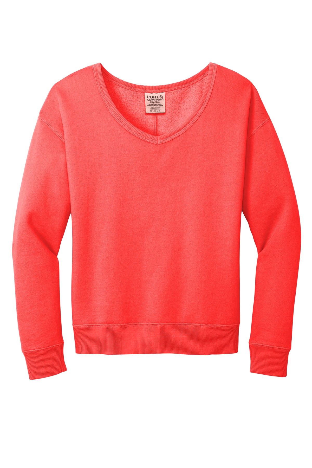 Port & Co Women's Beach Wash Garment-Dyed V-Neck Sweatshirt - Poppy