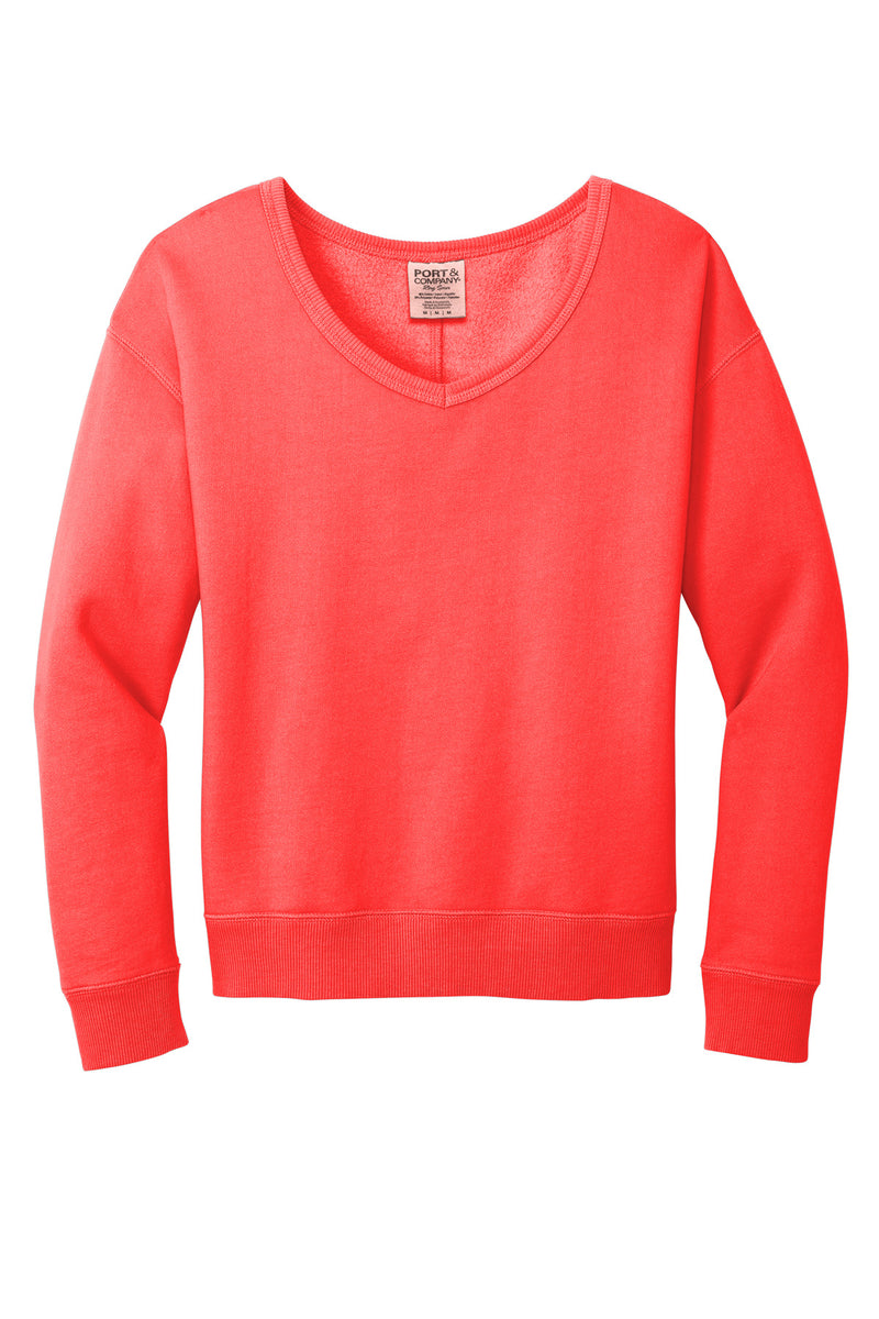 Port & Co Women's Beach Wash Garment-Dyed V-Neck Sweatshirt - Poppy