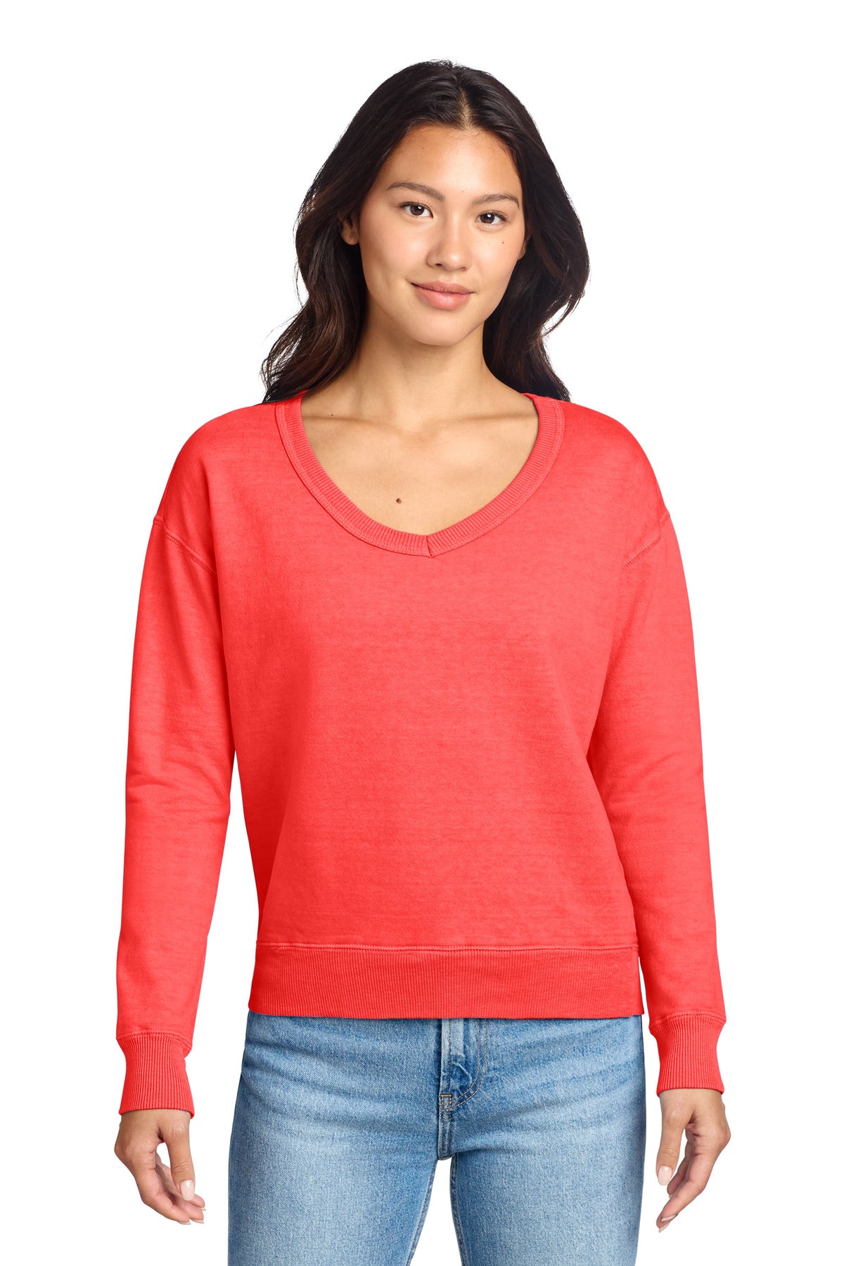 Port & Co Women's Beach Wash Garment-Dyed V-Neck Sweatshirt - Poppy