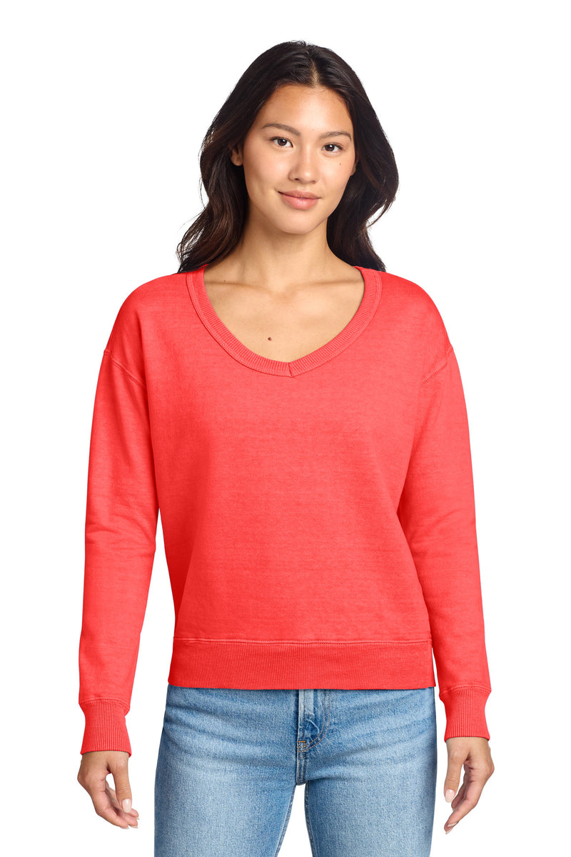 Port & Co Women's Beach Wash Garment-Dyed V-Neck Sweatshirt - Poppy